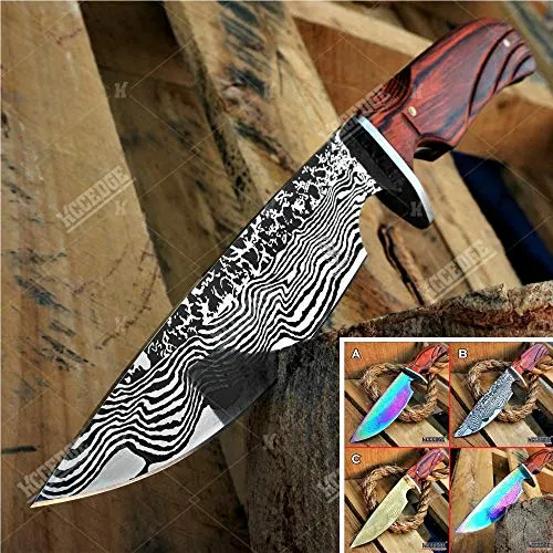 10" Tactical Knife Survival Knife Hunting Knife FULL TANG Fixed Blade Knife Etched Damascus Razor Sharp Edge Camping Accessories Camping Gear Survival Kit Survival Gear Tactical Gear 51596 (Silver)