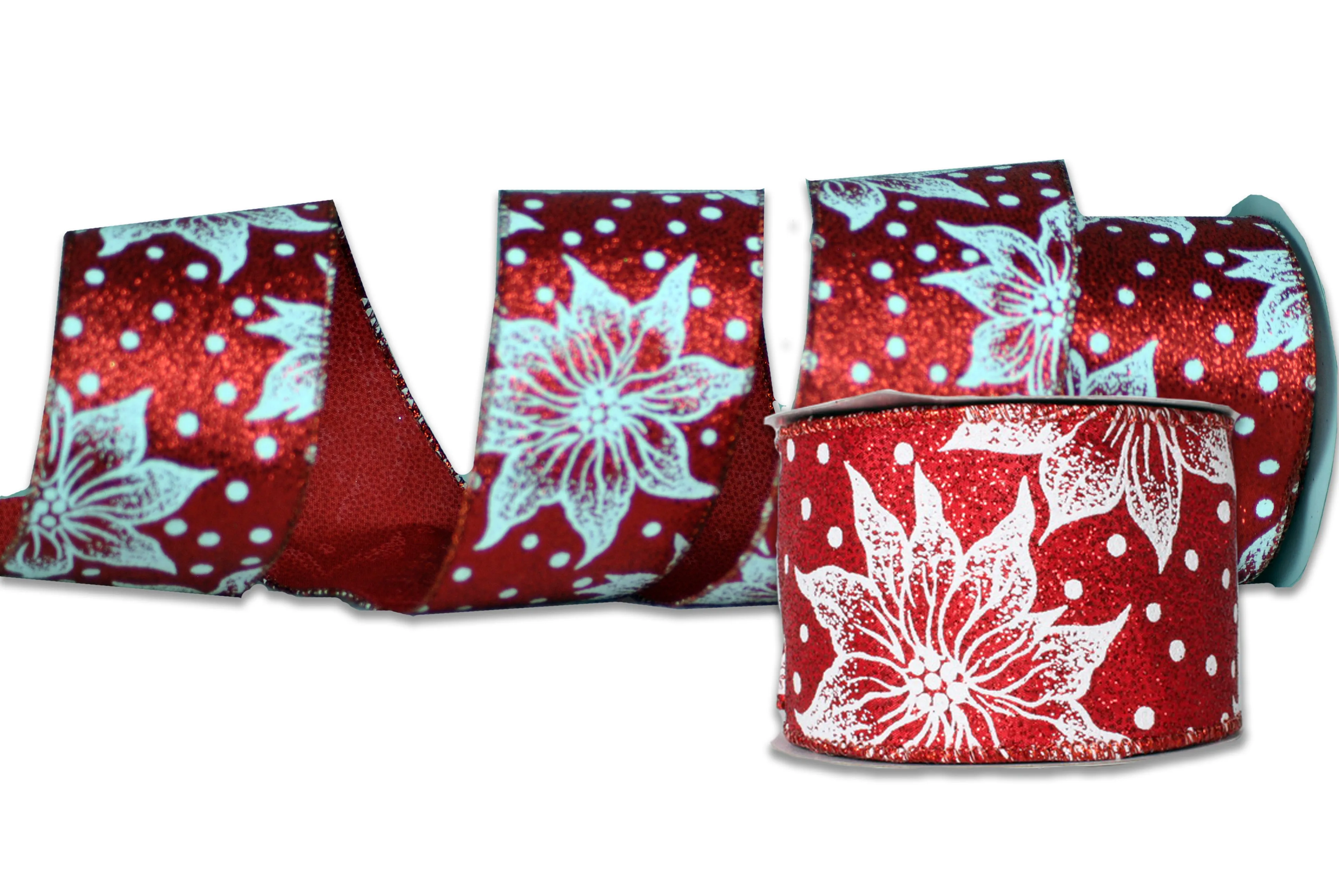 2 Pack of 30" Red Ribbon with White Poinsettia Designs and Glitter Enhancements