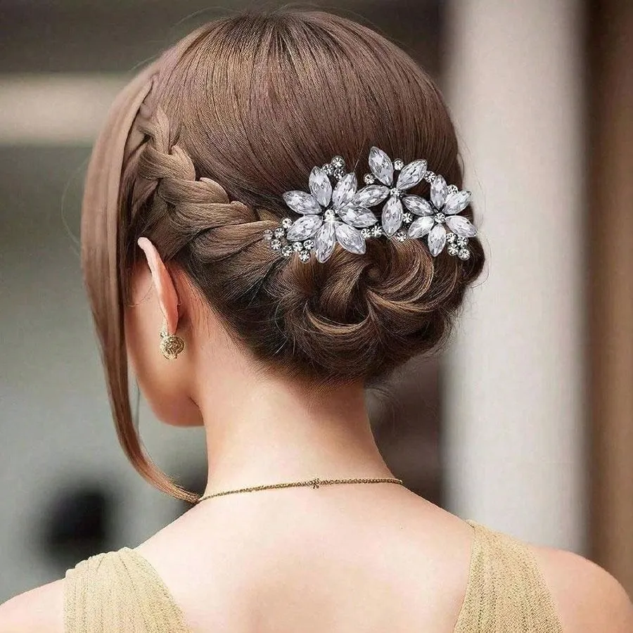 2 Pcs Bling Flower Hair Clips Rhinestone Hair Clip, Silver Wedding Hair Pins Crystal Flower Bridal Hair Clips, Diamond Hair Accessories For Brides Bridesmaid Women Girls