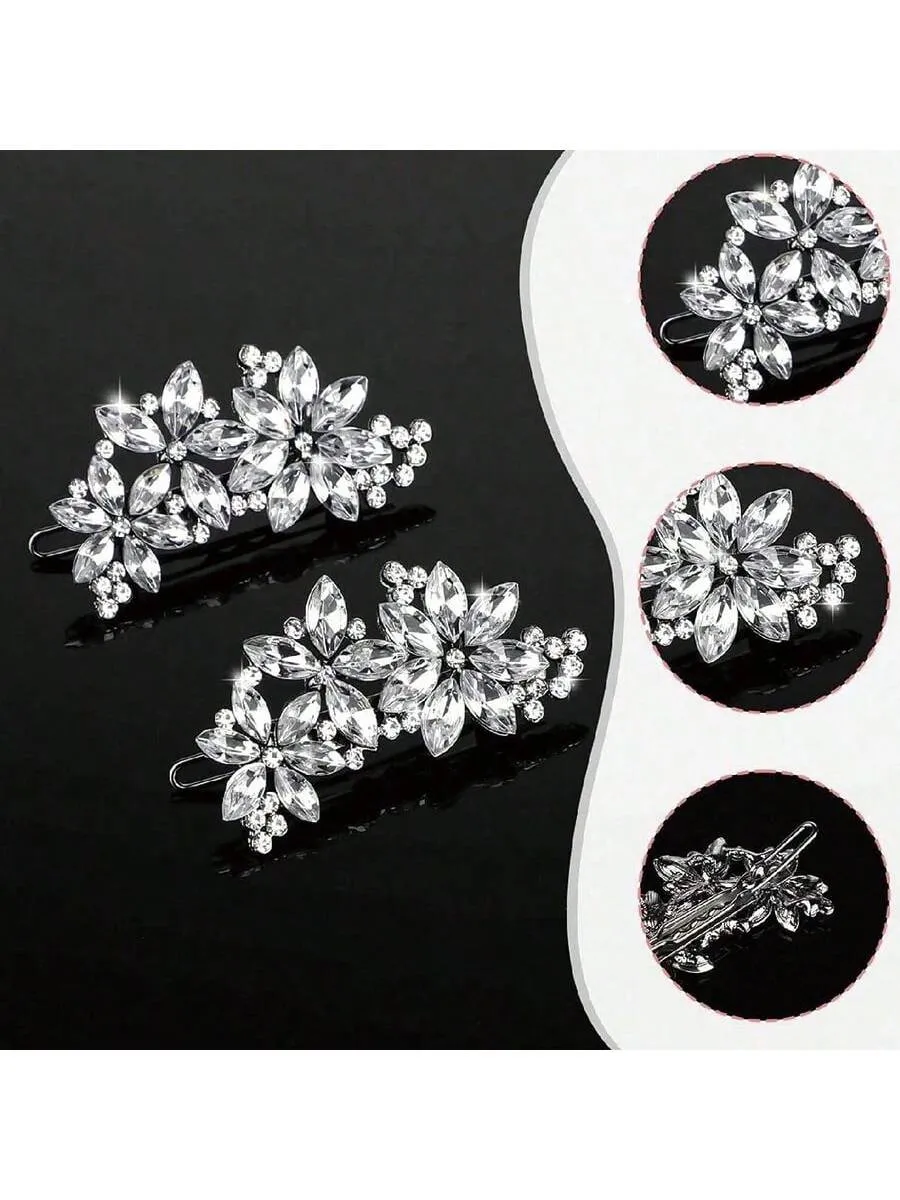 2 Pcs Bling Flower Hair Clips Rhinestone Hair Clip, Silver Wedding Hair Pins Crystal Flower Bridal Hair Clips, Diamond Hair Accessories For Brides Bridesmaid Women Girls