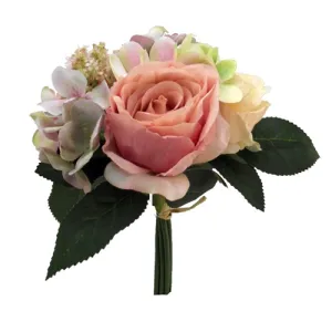 28 cm Rose & Hydrangea Bundle With Foliage Pink/Peach/Green