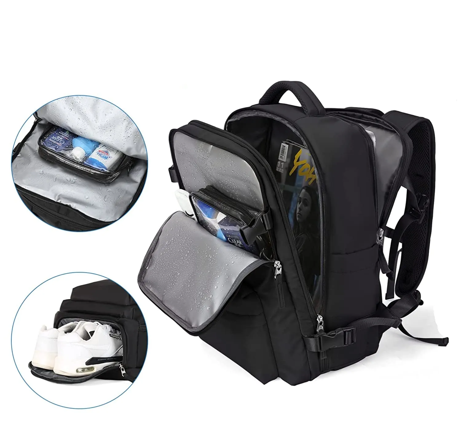 (31x45cm) Water-repellent travel bag with shoe / wet compartment / laptop compartment up to 15.6" - Black