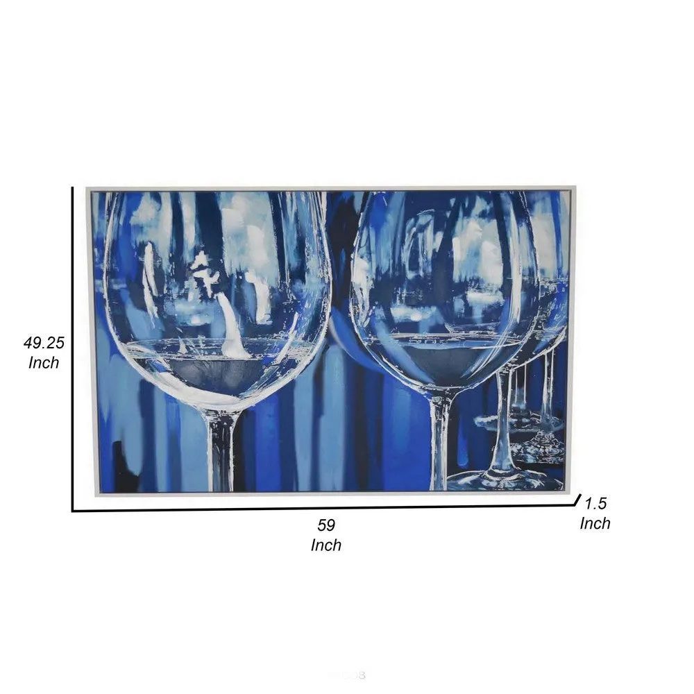 49 x 59 Framed Canvas Oil Painting, 2 Wine Glasses, Blue and White By Casagear Home