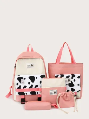 5pcs Cow Print Backpack Set