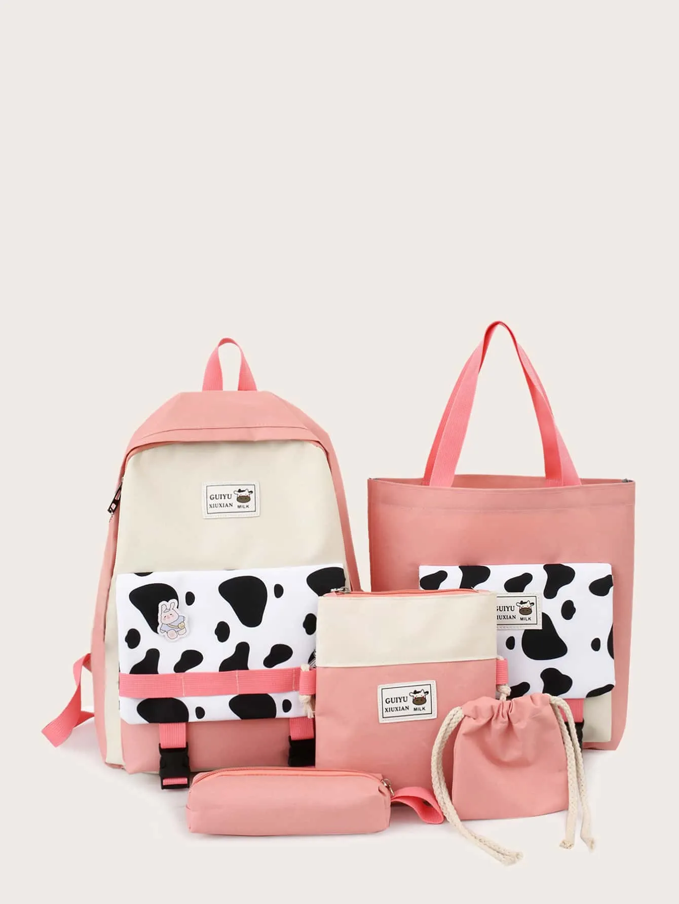 5pcs Cow Print Backpack Set