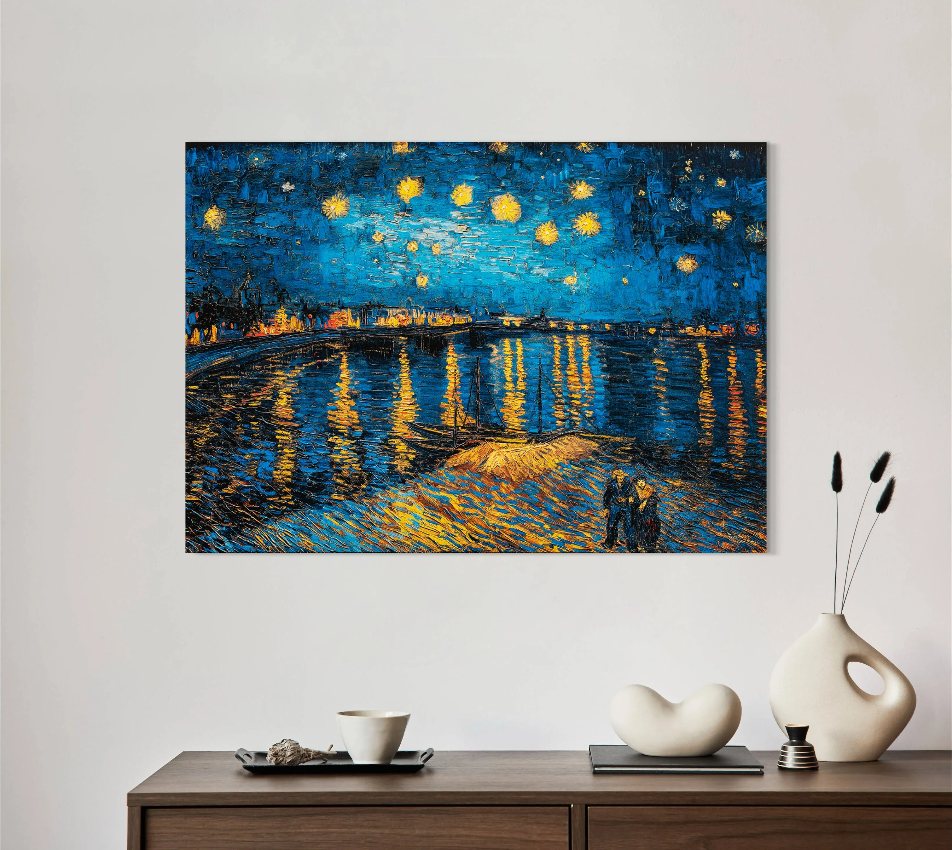 A Starry Night - Painted by Vincent Van-Gogh - Circa. 1888. High Quality Polyester Cotton Canvas Print. Rolled Canvas Available in 3 Sizes - Small, Medium, or Large. Stretched Canvas Option Available in One (1) Large Size - 70cm x 100cm.