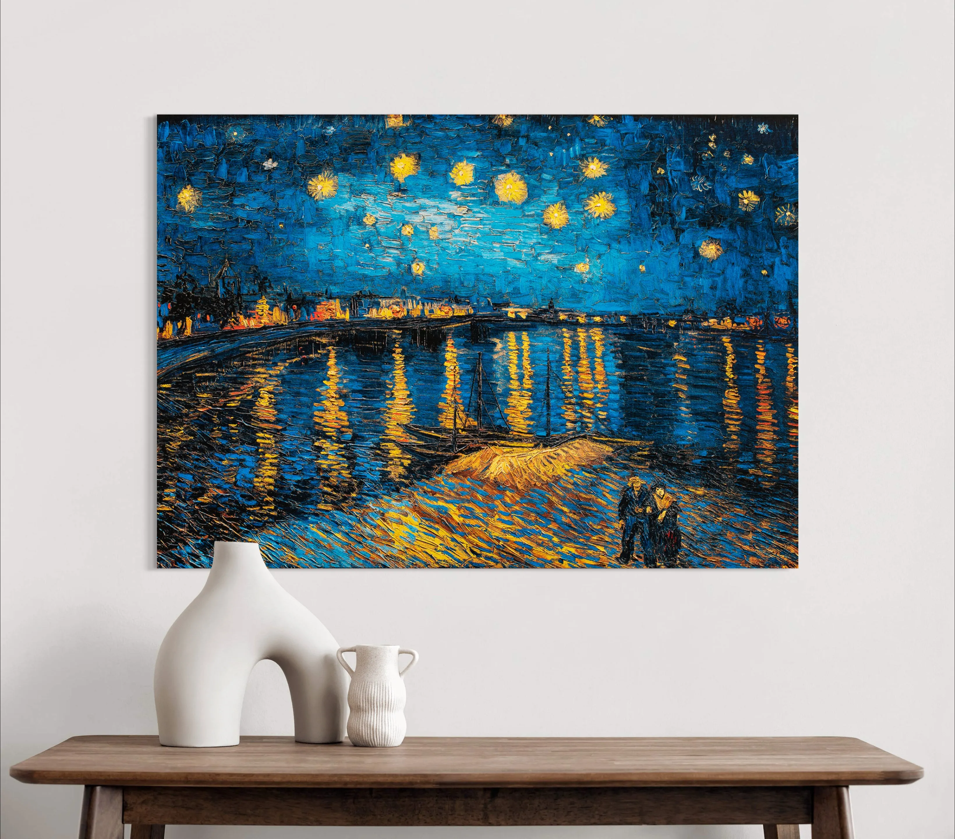 A Starry Night - Painted by Vincent Van-Gogh - Circa. 1888. High Quality Polyester Cotton Canvas Print. Rolled Canvas Available in 3 Sizes - Small, Medium, or Large. Stretched Canvas Option Available in One (1) Large Size - 70cm x 100cm.