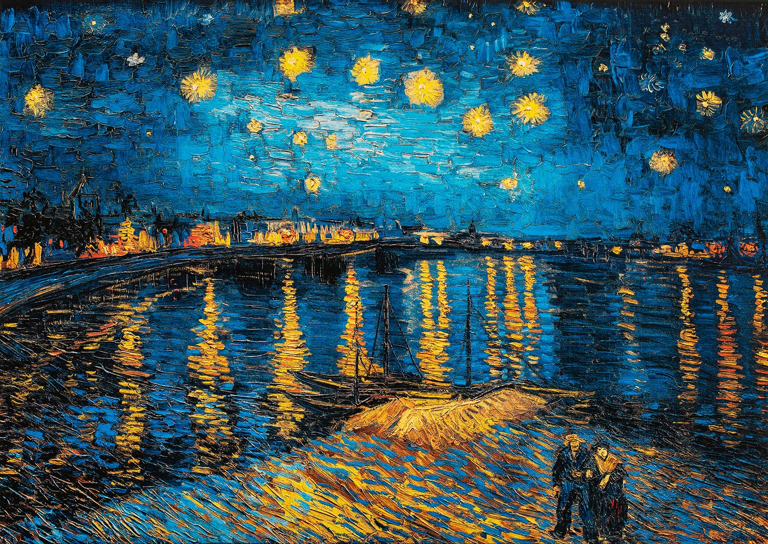 A Starry Night - Painted by Vincent Van-Gogh - Circa. 1888. High Quality Polyester Cotton Canvas Print. Rolled Canvas Available in 3 Sizes - Small, Medium, or Large. Stretched Canvas Option Available in One (1) Large Size - 70cm x 100cm.