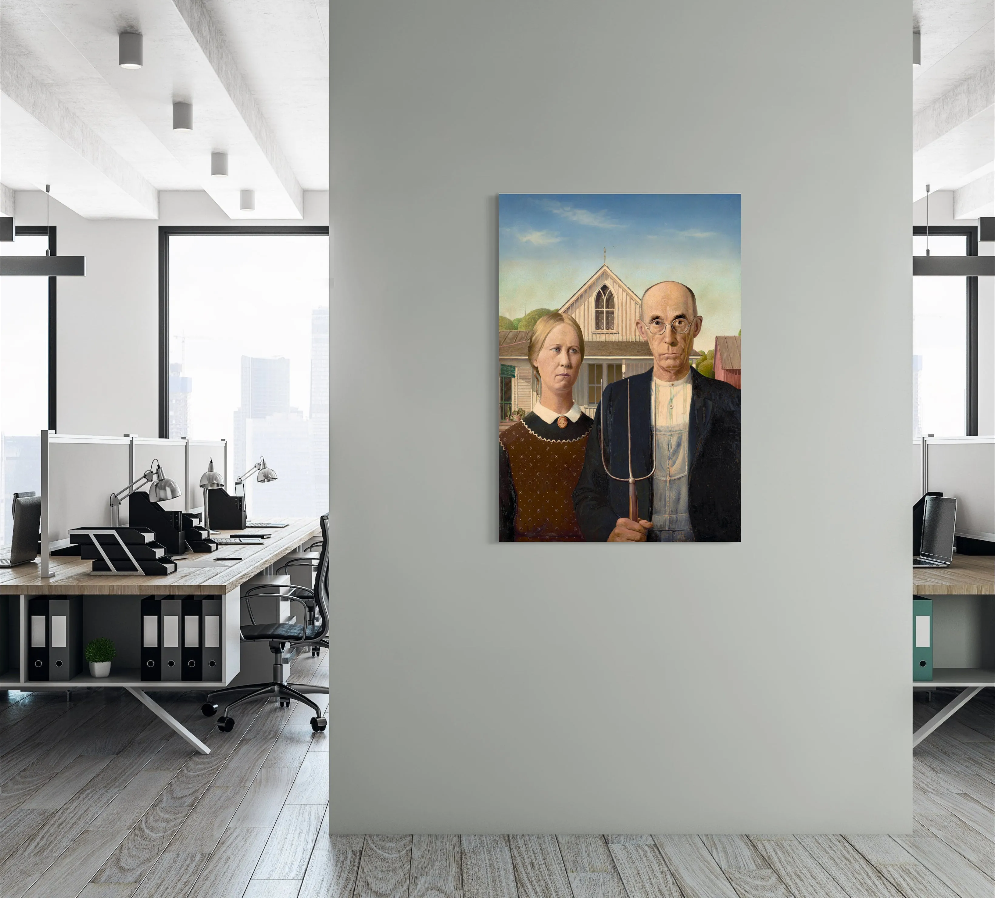 American Gothic - Painted by Grant Wood - Circa. 1930. High Quality Polyester Cotton Canvas Print. Ready to be Framed or Mounted. Available in One Large Size. 70cm X 100cm. Stretched Canvas Option Available in One (1) Large Size - 70cm x 100cm.