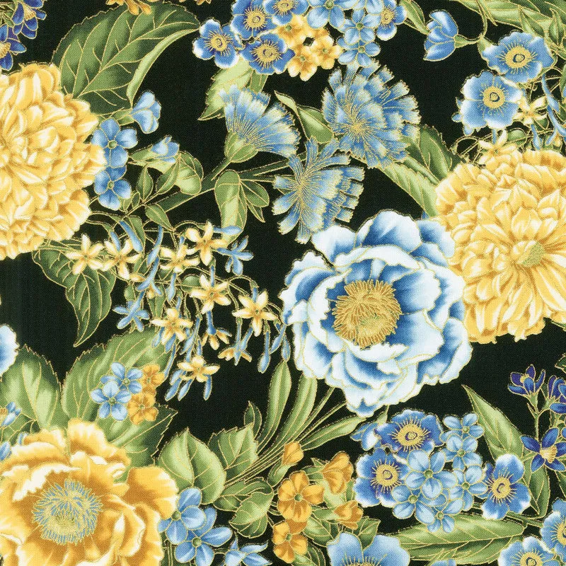 Avery Hill - Blue Flowers Black Metallic Yardage