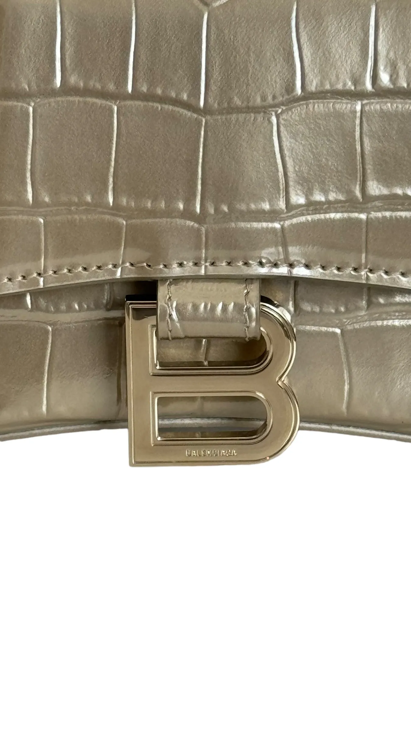 Balenciaga Hourglass XS Handbag, Gold Croc-Embossed Calfskin, Gold-tone Hardware