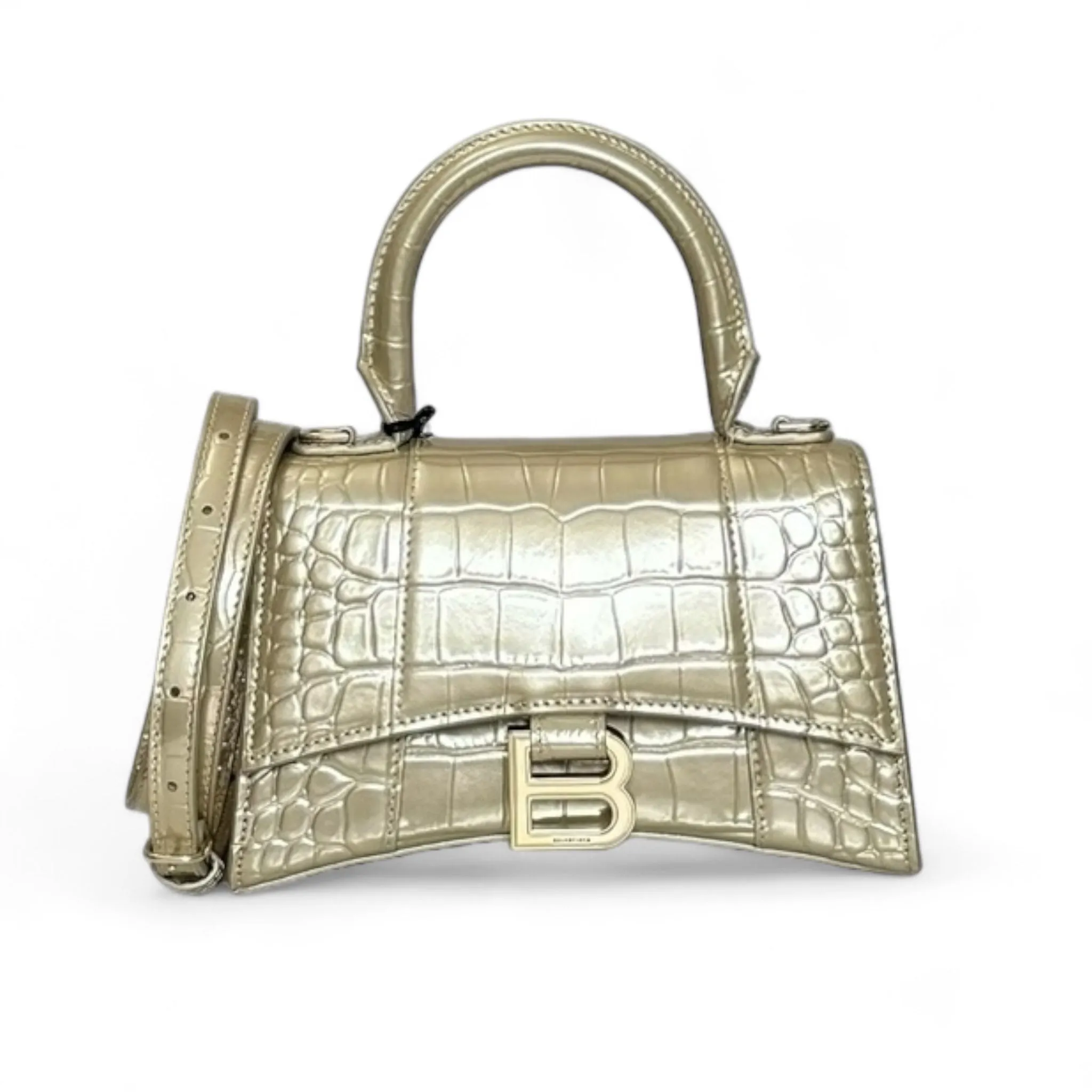 Balenciaga Hourglass XS Handbag, Gold Croc-Embossed Calfskin, Gold-tone Hardware