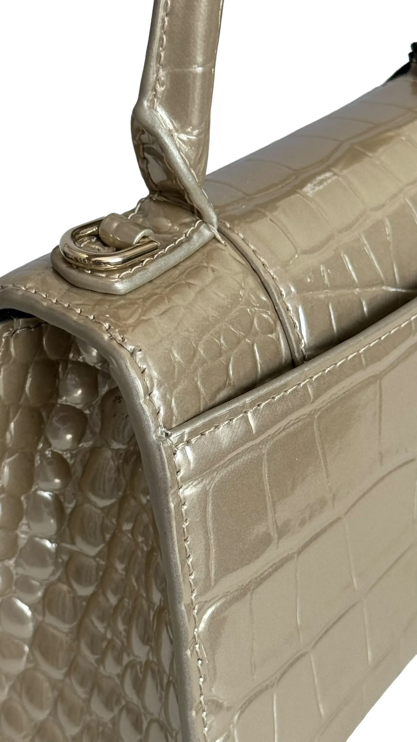 Balenciaga Hourglass XS Handbag, Gold Croc-Embossed Calfskin, Gold-tone Hardware