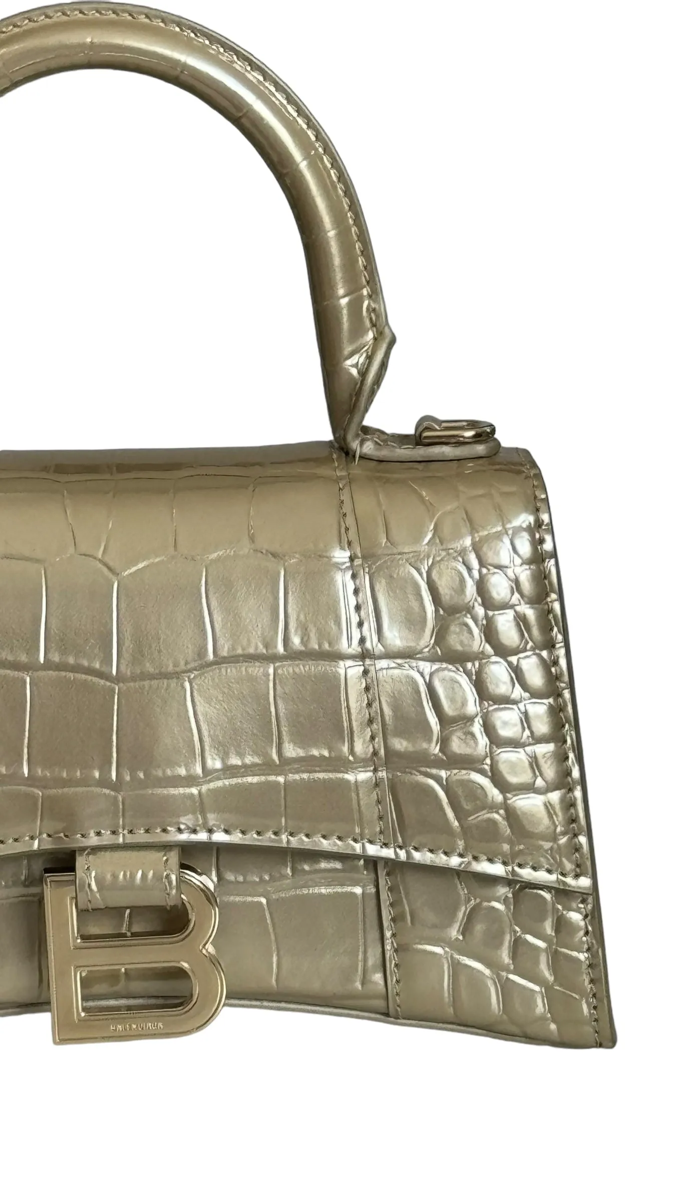 Balenciaga Hourglass XS Handbag, Gold Croc-Embossed Calfskin, Gold-tone Hardware