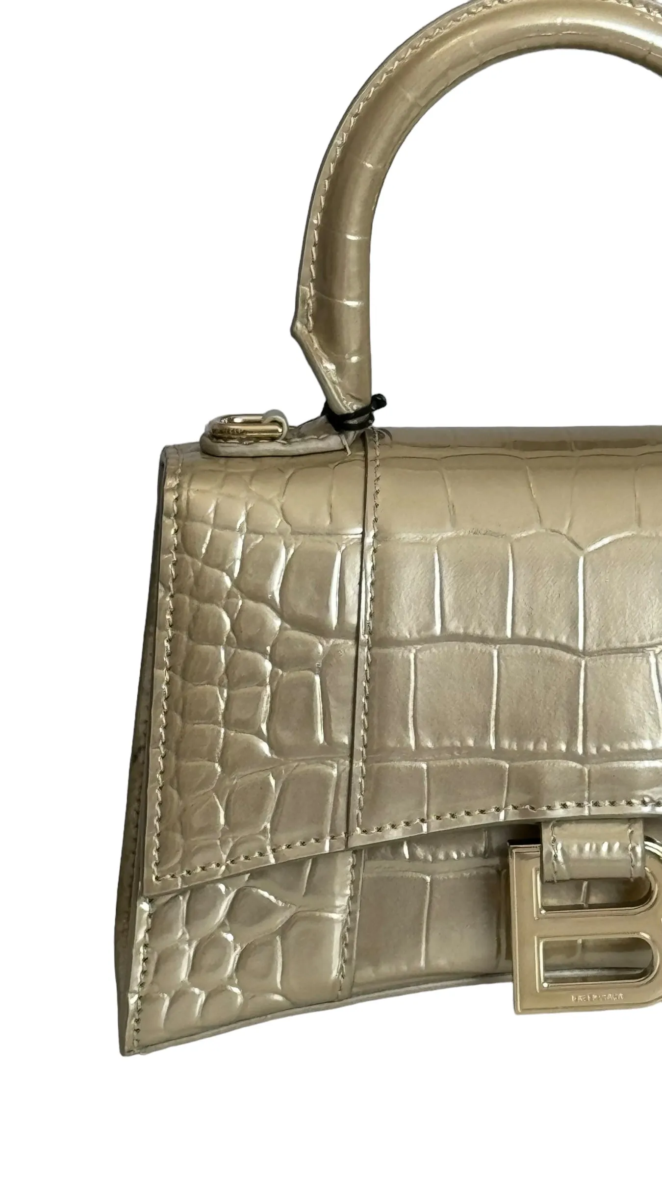 Balenciaga Hourglass XS Handbag, Gold Croc-Embossed Calfskin, Gold-tone Hardware