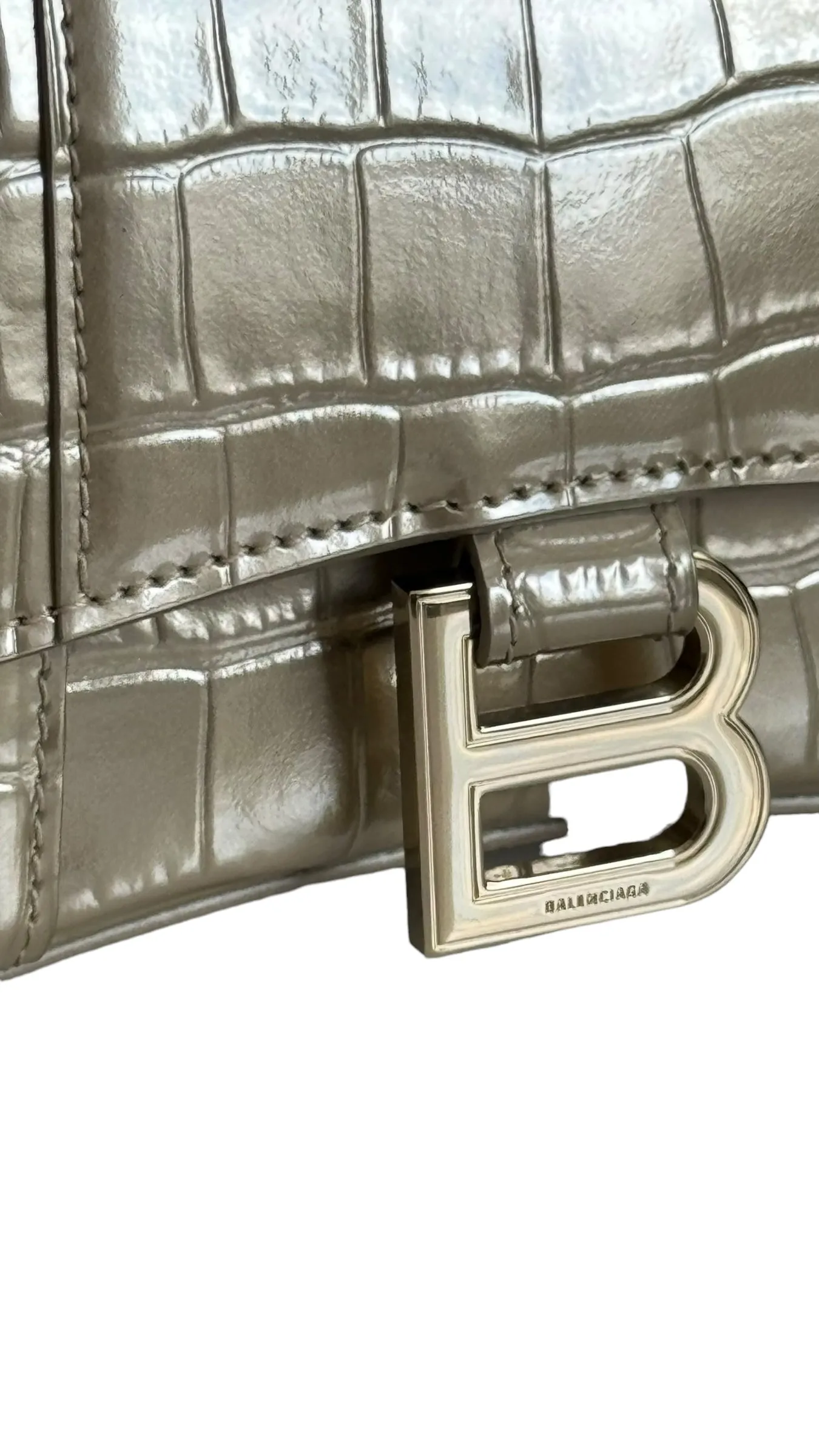 Balenciaga Hourglass XS Handbag, Gold Croc-Embossed Calfskin, Gold-tone Hardware