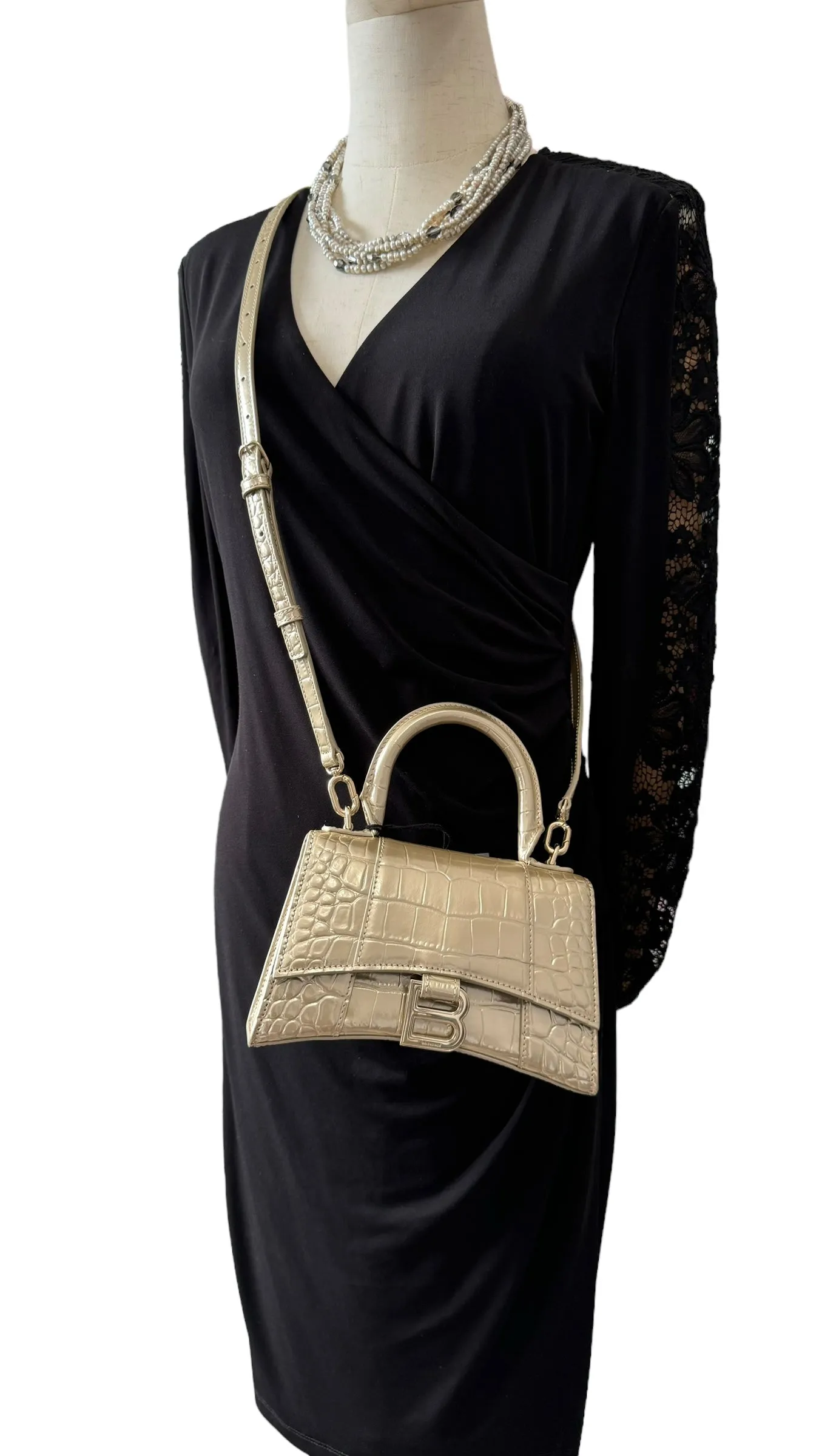 Balenciaga Hourglass XS Handbag, Gold Croc-Embossed Calfskin, Gold-tone Hardware