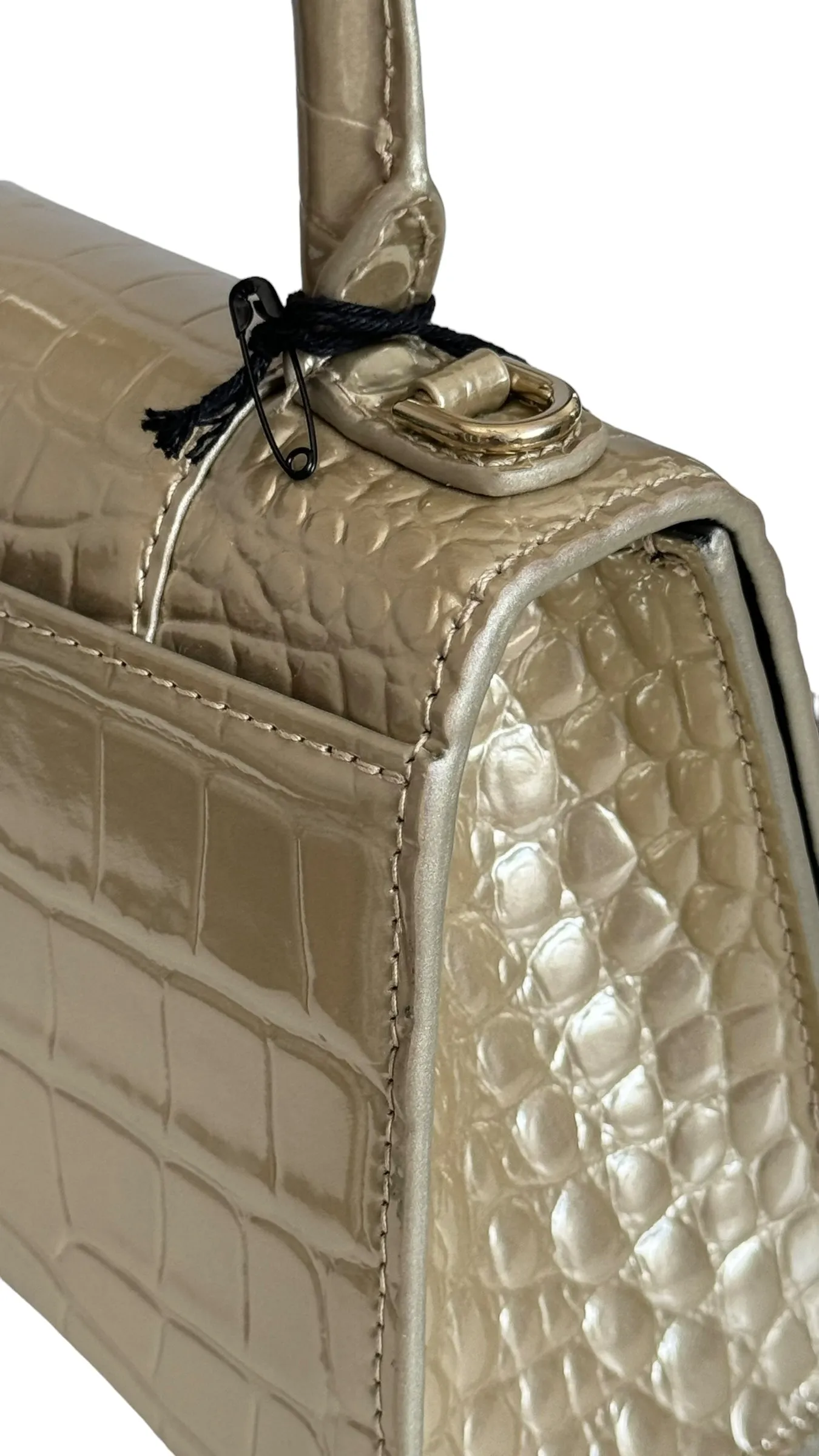 Balenciaga Hourglass XS Handbag, Gold Croc-Embossed Calfskin, Gold-tone Hardware