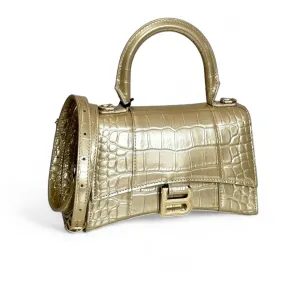 Balenciaga Hourglass XS Handbag, Gold Croc-Embossed Calfskin, Gold-tone Hardware