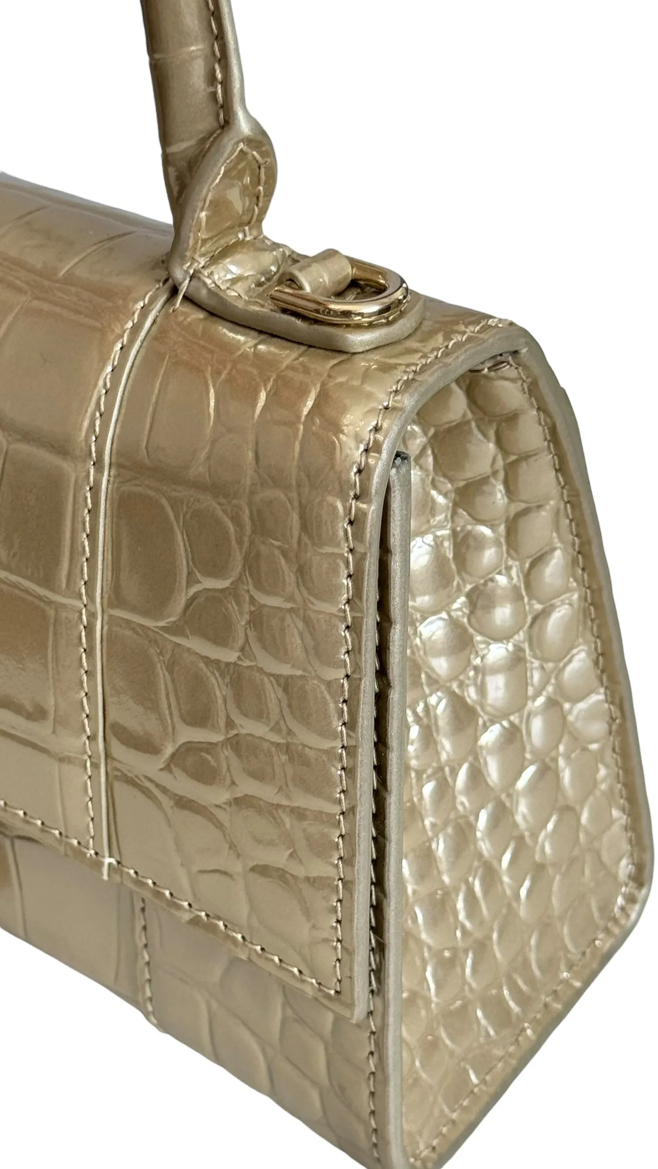 Balenciaga Hourglass XS Handbag, Gold Croc-Embossed Calfskin, Gold-tone Hardware