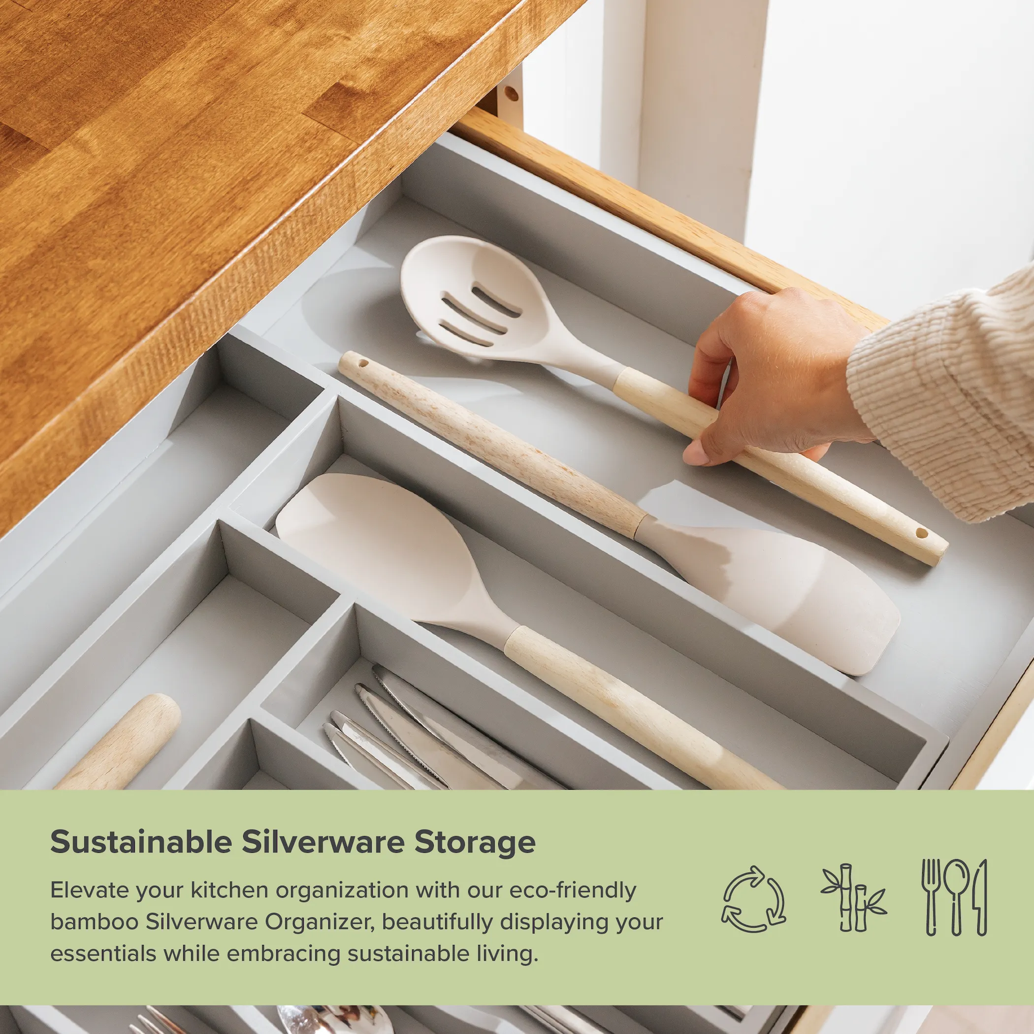 Bamboo Drawer Organizer for Silverware & Utensils - Gray Finish (Expands 18.5-33in)