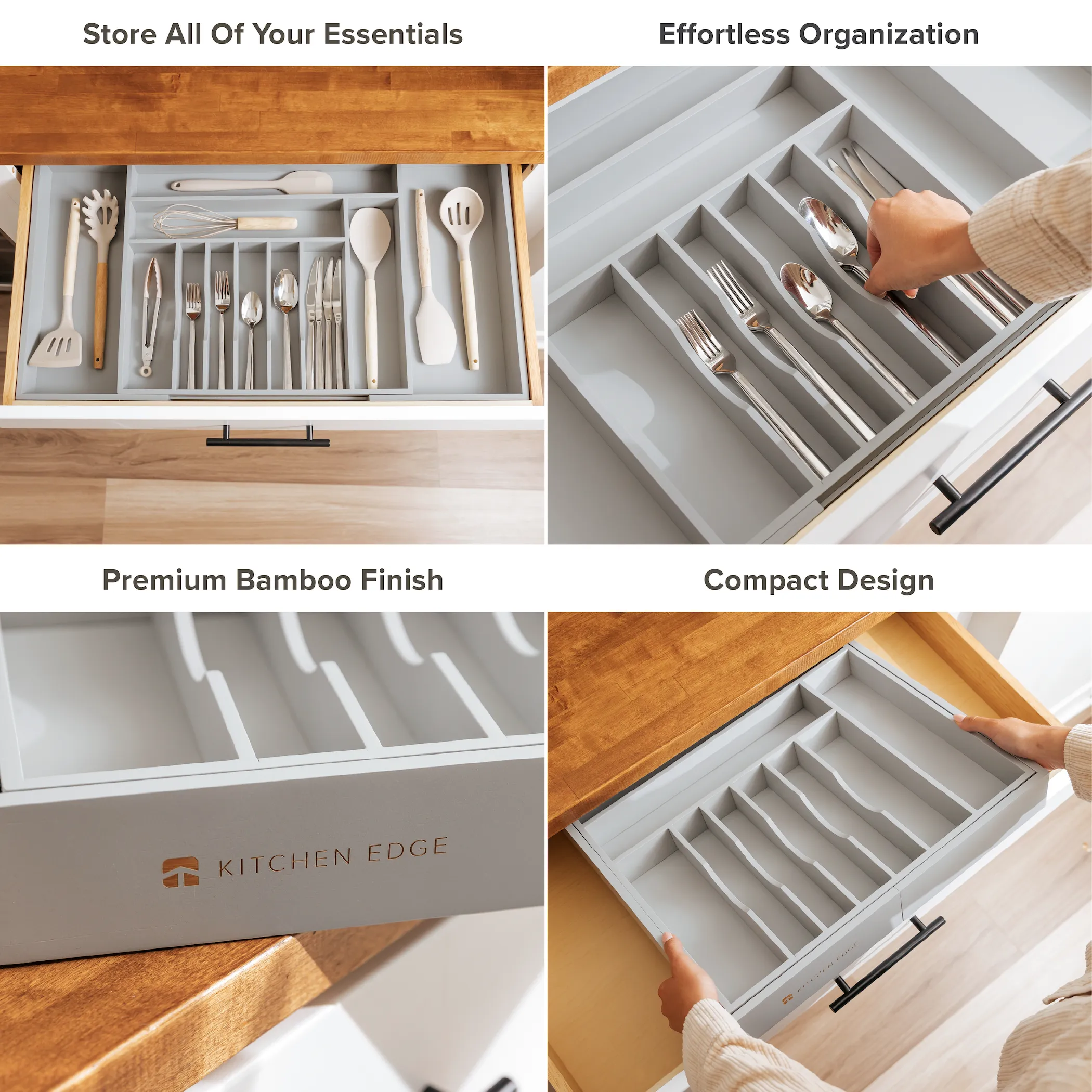 Bamboo Drawer Organizer for Silverware & Utensils - Gray Finish (Expands 18.5-33in)