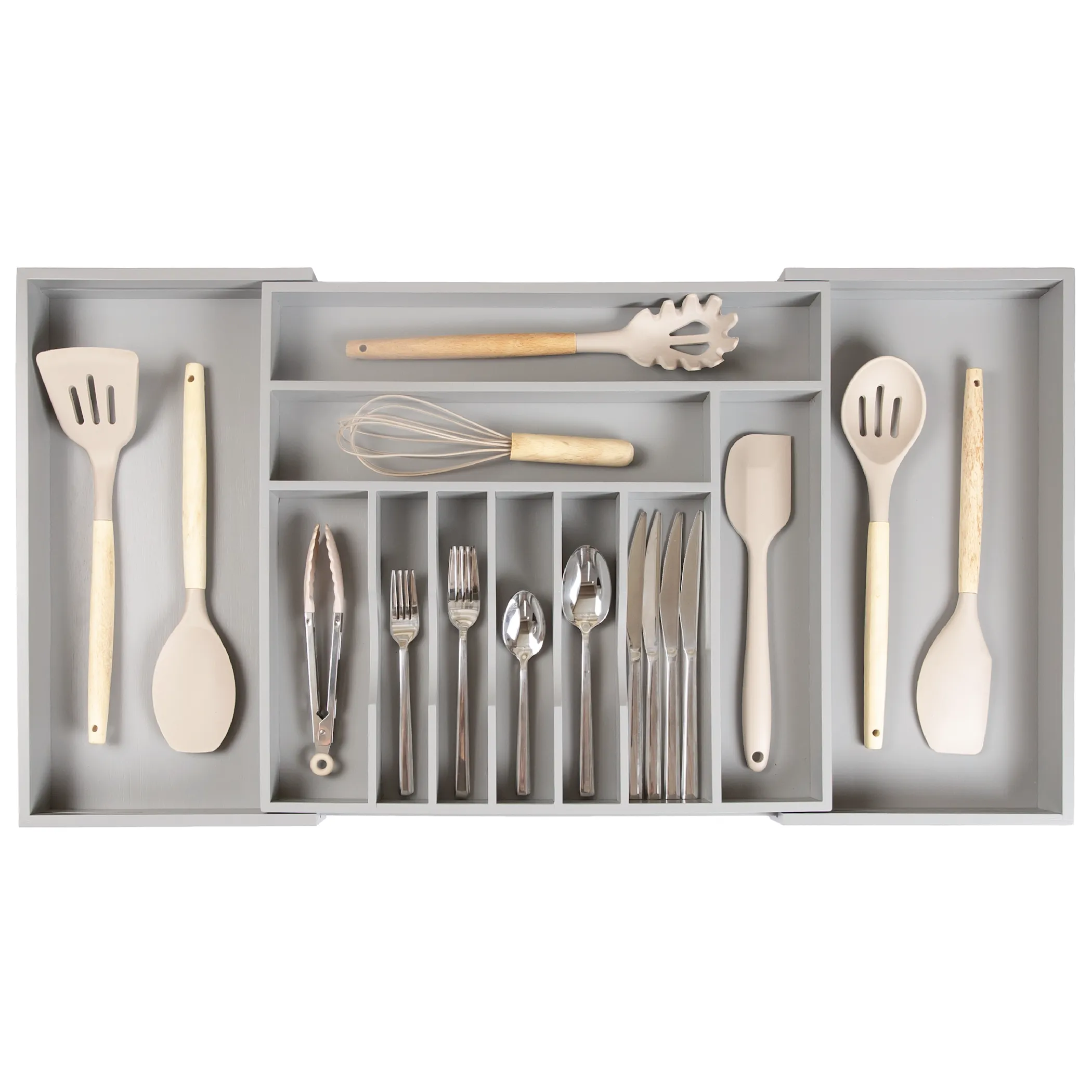 Bamboo Drawer Organizer for Silverware & Utensils - Gray Finish (Expands 18.5-33in)