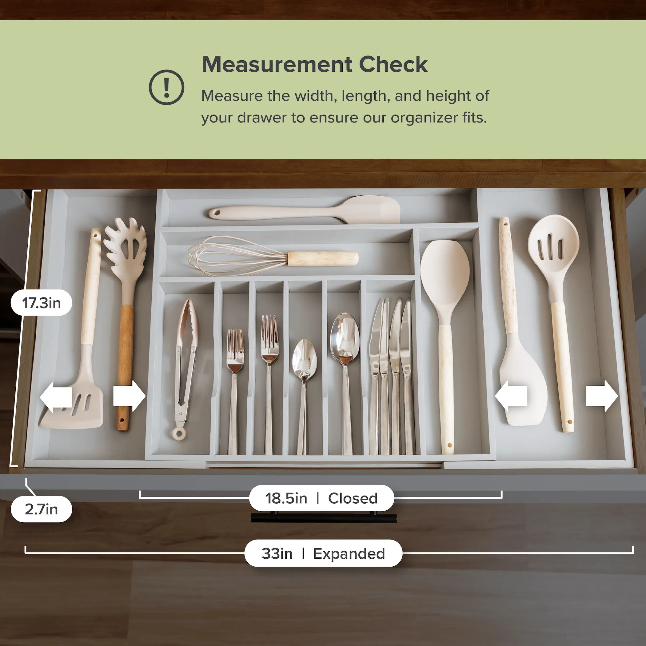 Bamboo Drawer Organizer for Silverware & Utensils - Gray Finish (Expands 18.5-33in)