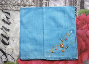 BEAUTIFUl Vintage 1930s Fine Linen French Blue Hanky Hand Embroidered Hankie Deco Flowers Something Blue