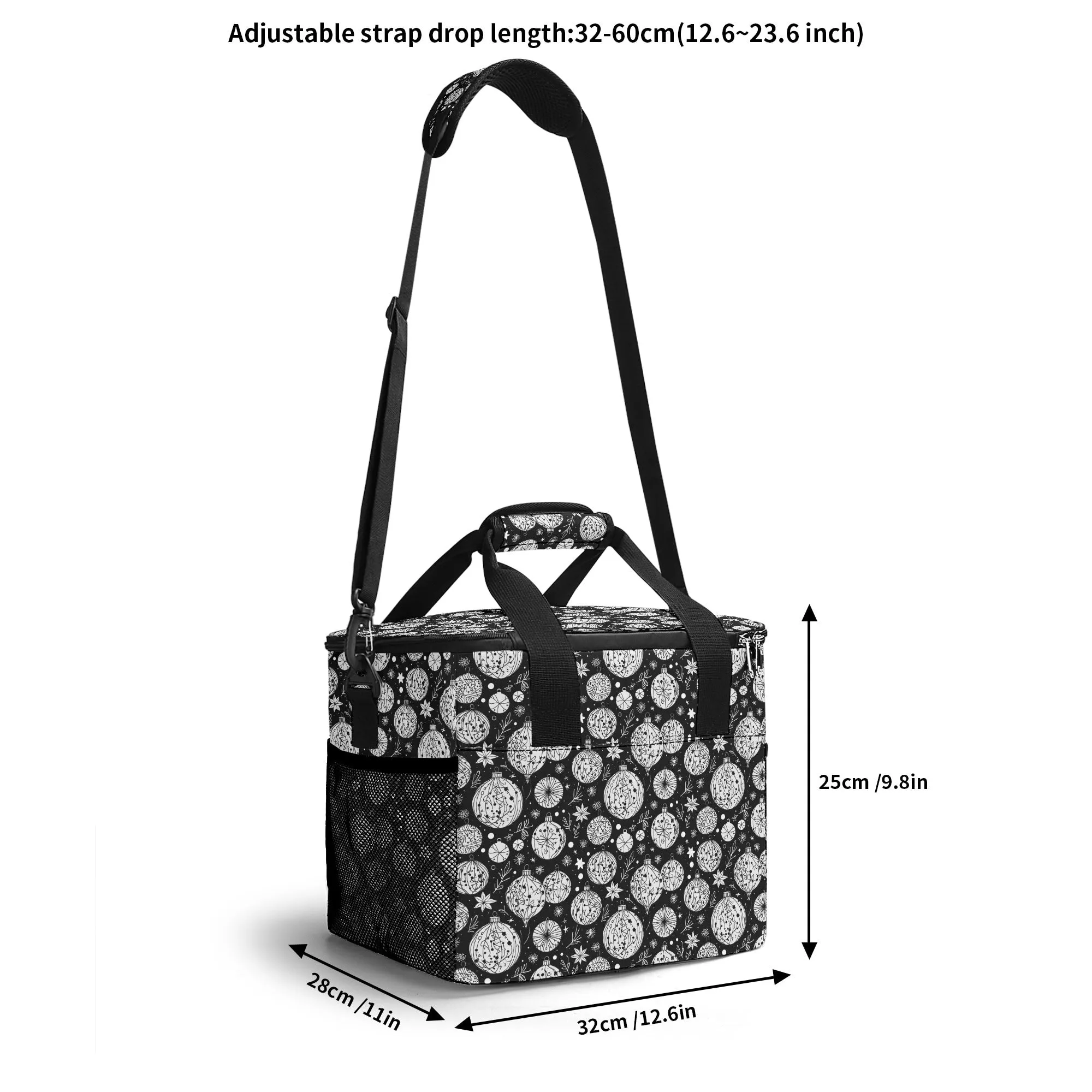 Black and White Christmas Ornament Insulated Leakproof Cooler Bag Lunch Box