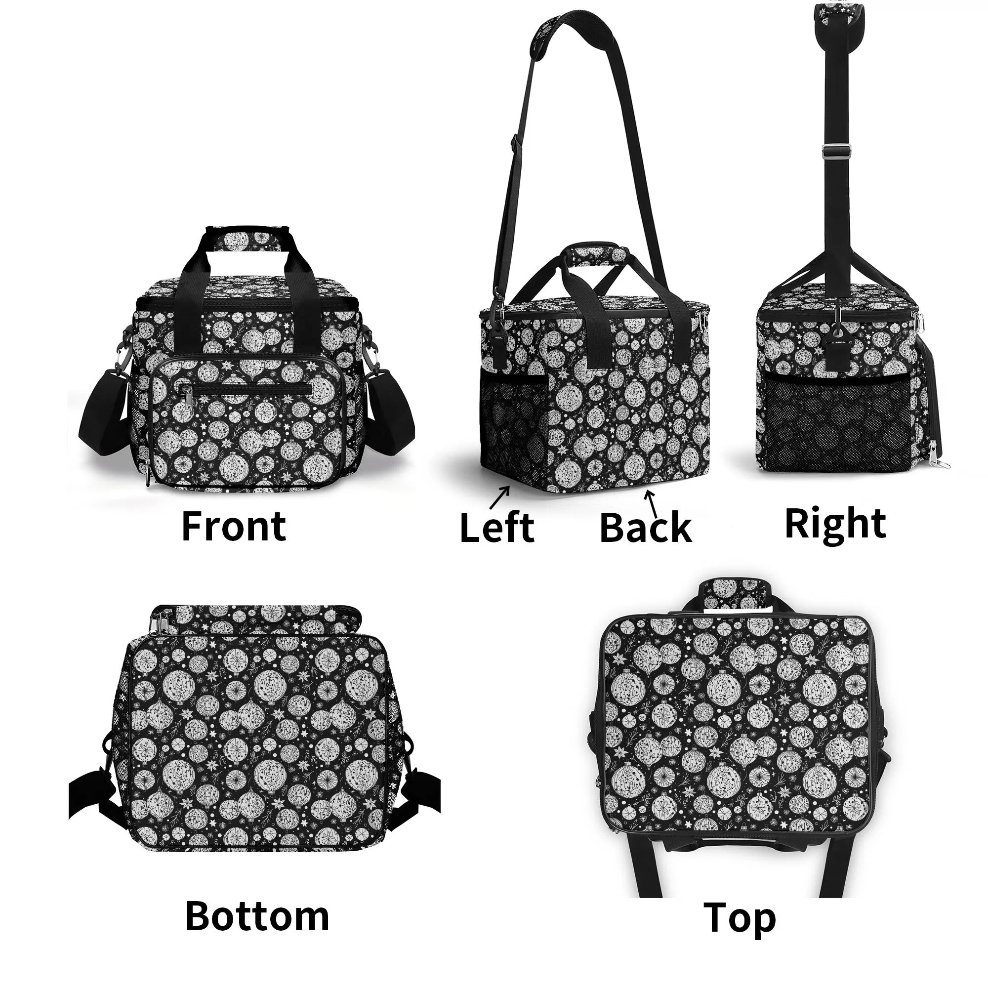 Black and White Christmas Ornament Insulated Leakproof Cooler Bag Lunch Box