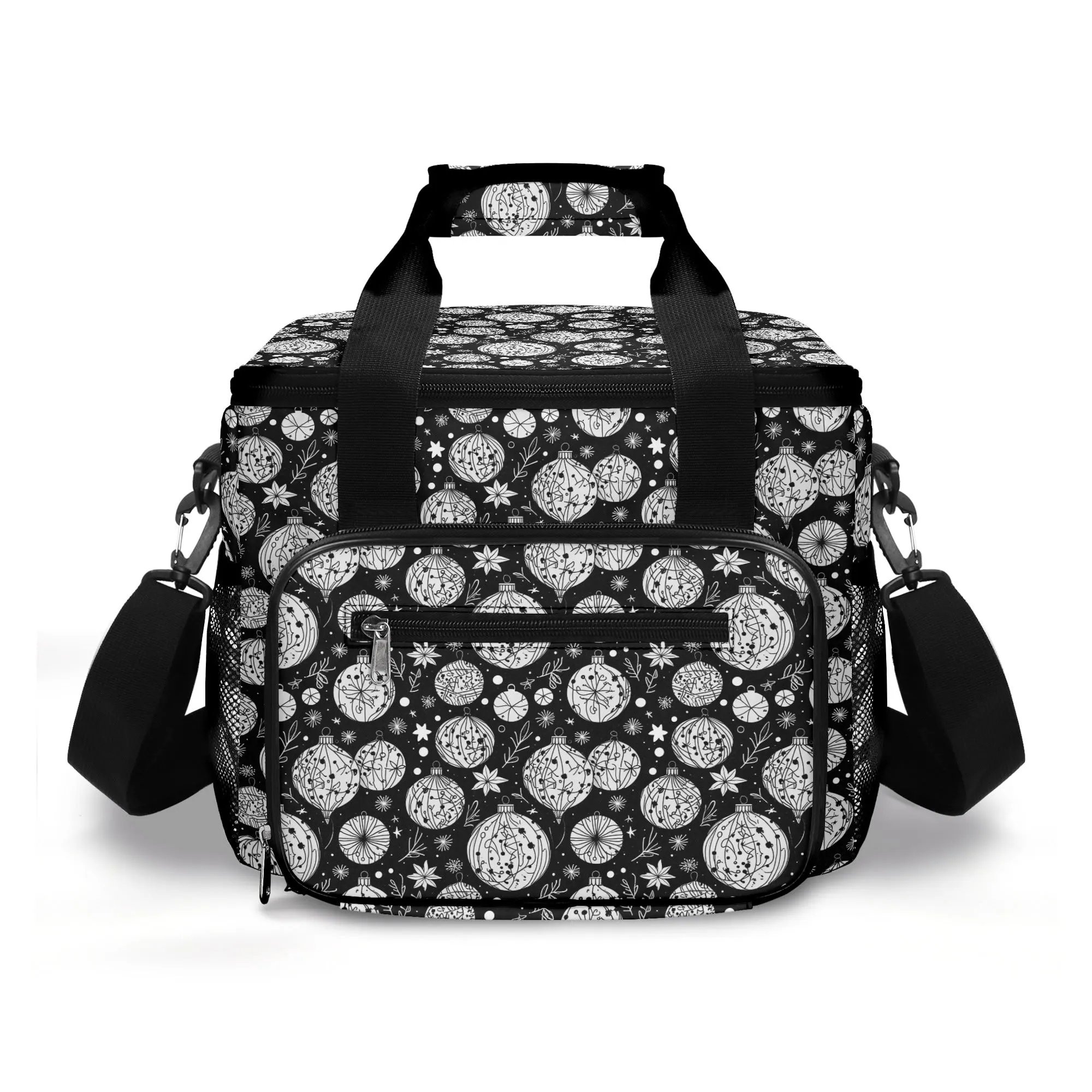 Black and White Christmas Ornament Insulated Leakproof Cooler Bag Lunch Box