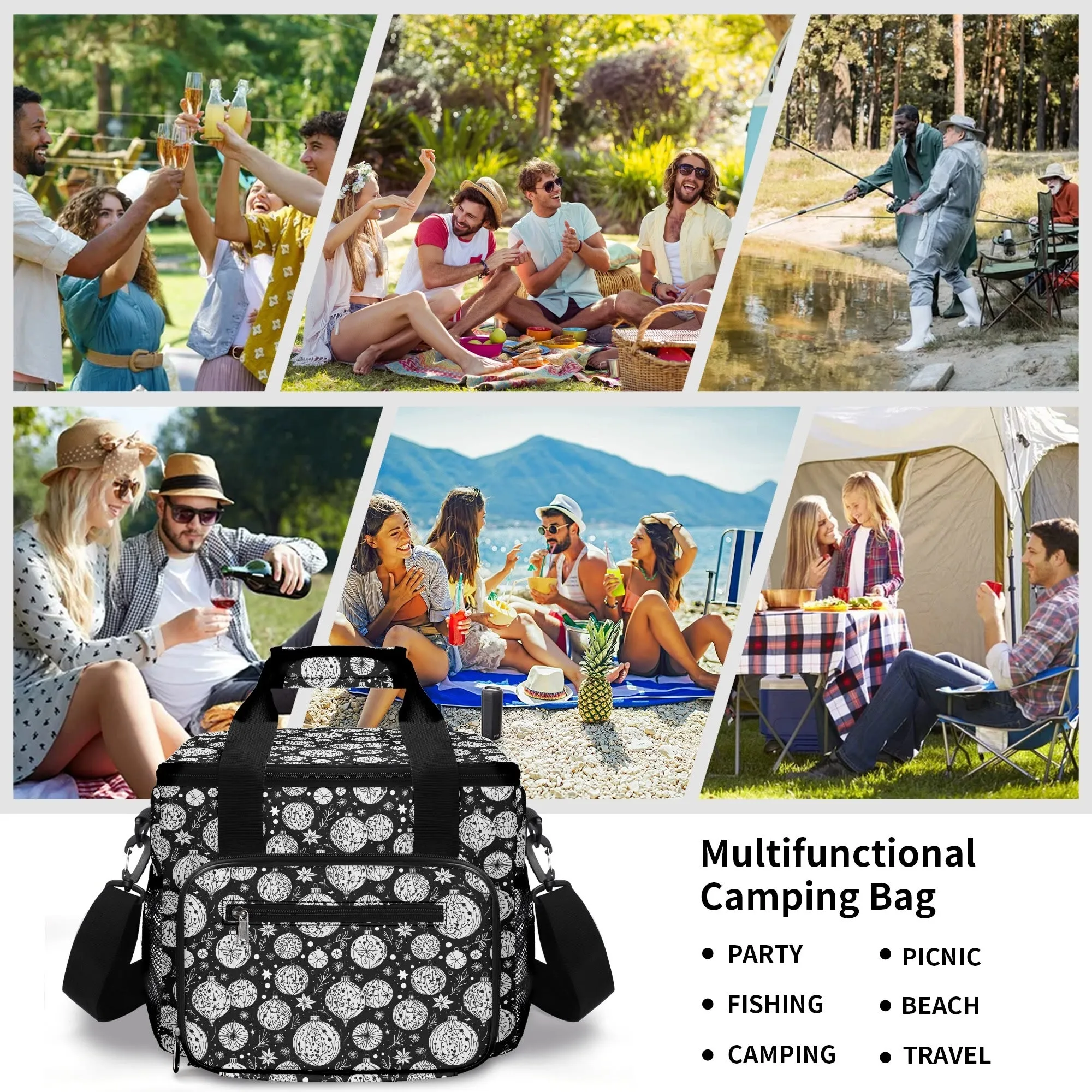 Black and White Christmas Ornament Insulated Leakproof Cooler Bag Lunch Box