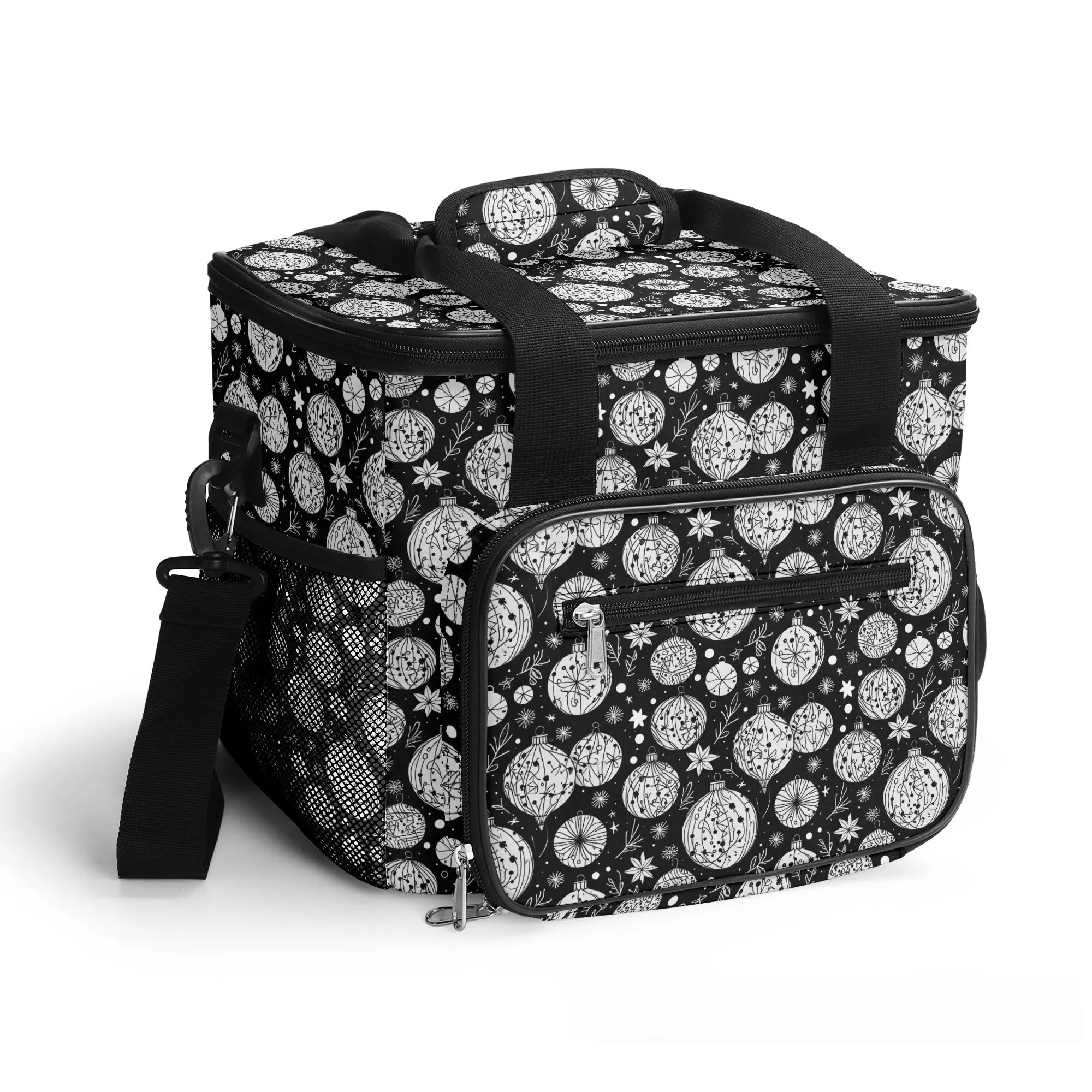 Black and White Christmas Ornament Insulated Leakproof Cooler Bag Lunch Box