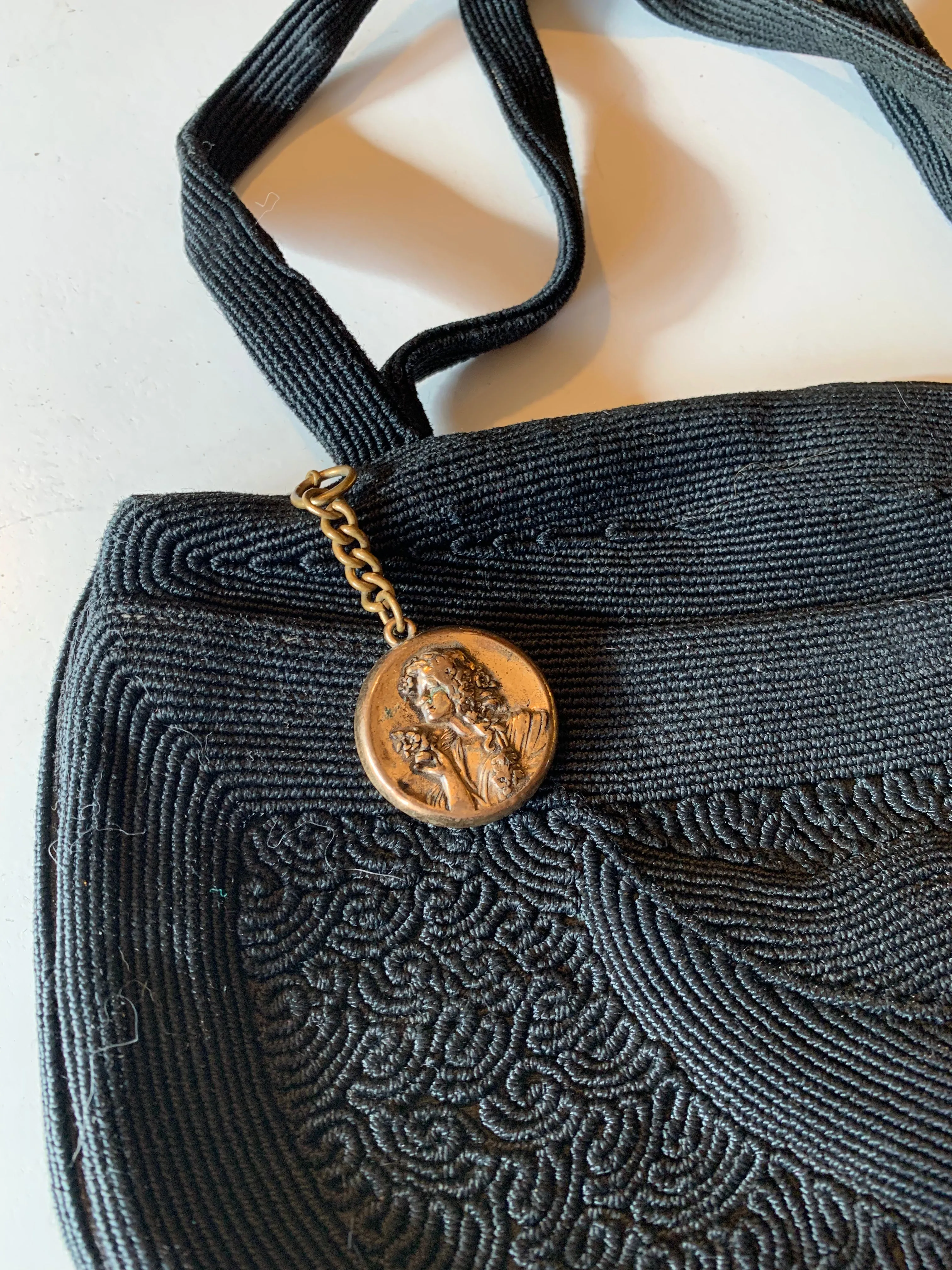 Black Double Handle Cordé Style Handbag with Nouveau Zipper Pull circa 1940s