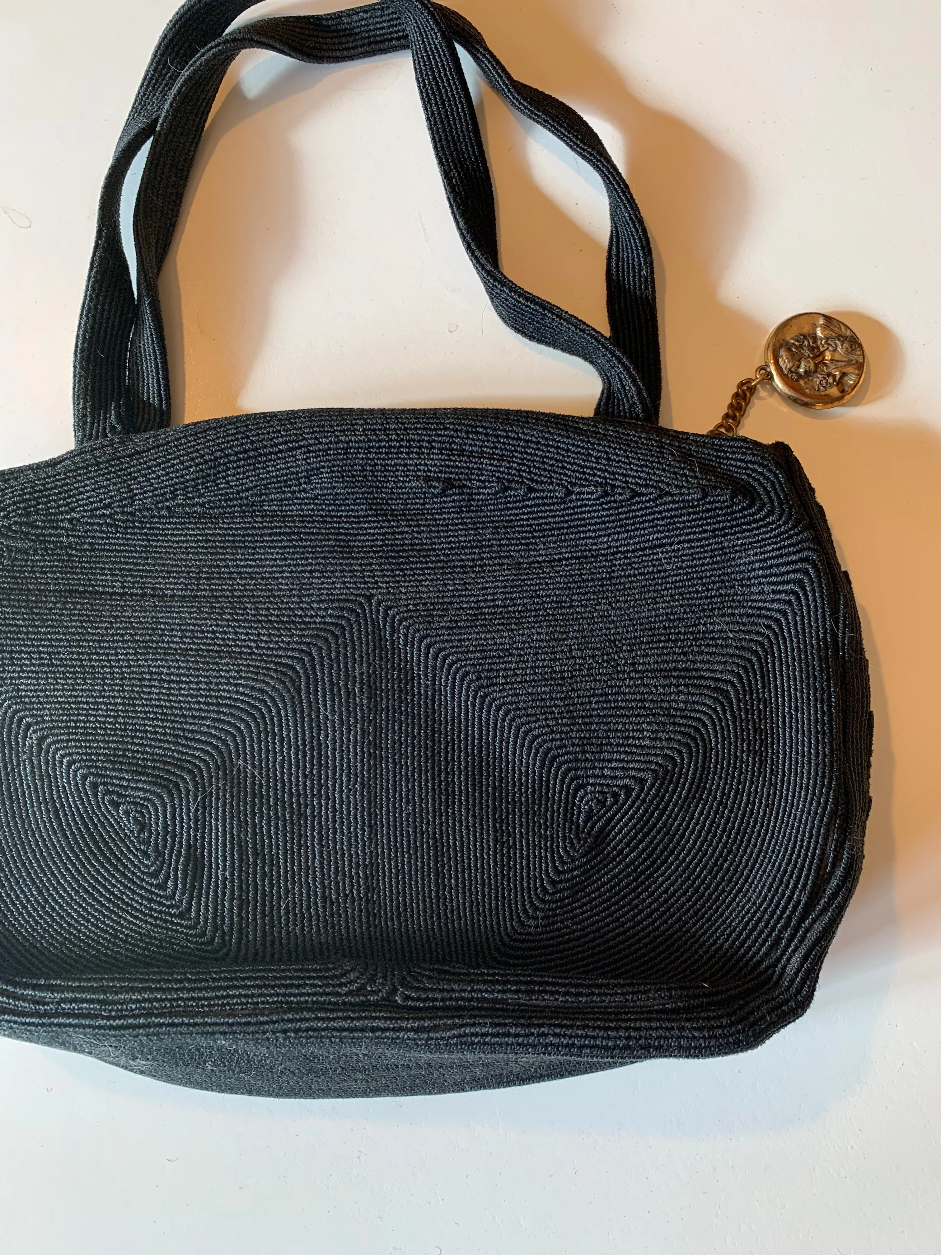 Black Double Handle Cordé Style Handbag with Nouveau Zipper Pull circa 1940s