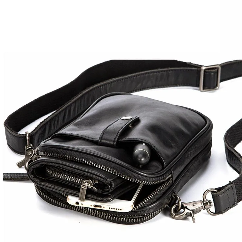 Black Leather Mens Small Belt Pouch Phone Shoulder Bag Belt Bag Side Bag for men