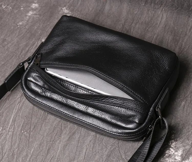 Black LEATHER MENS Small Courier Bag SIDE BAG Black Leather MESSENGER BAG FOR MEN