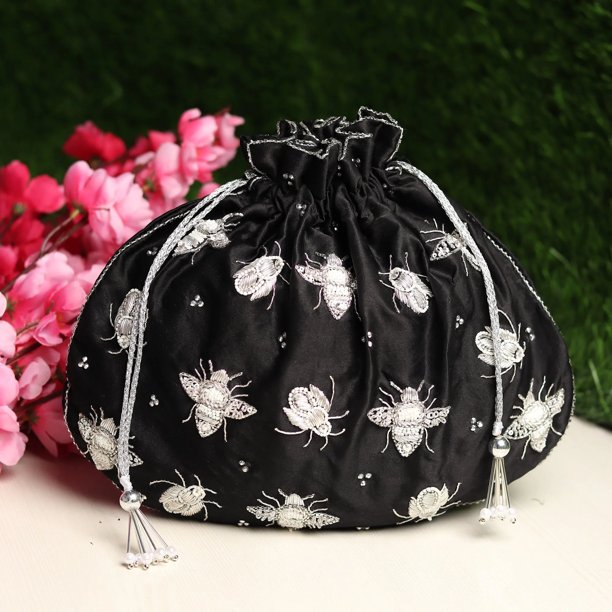 Black Potli Bag hand embroidered with exquisite butterflies