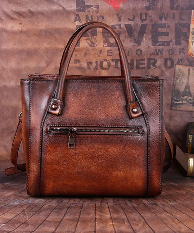 Boho Chocolate Embossing Paitings Calf Leather Tote Handbag