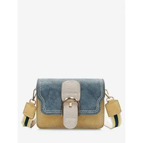 Buckled Contrasting Color Stitching Crossbody Bag - Yellow