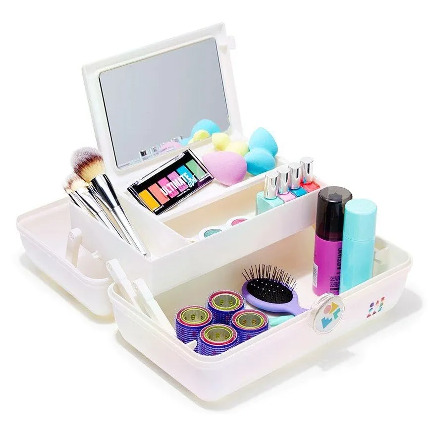 Caboodles On-The-Go Girl Makeup Box, White Opal, Hard Plastic Makeup Organizer Box, Built-In Mirror, Secure Latch for Safe Travel, Spacious Storage for Large Items