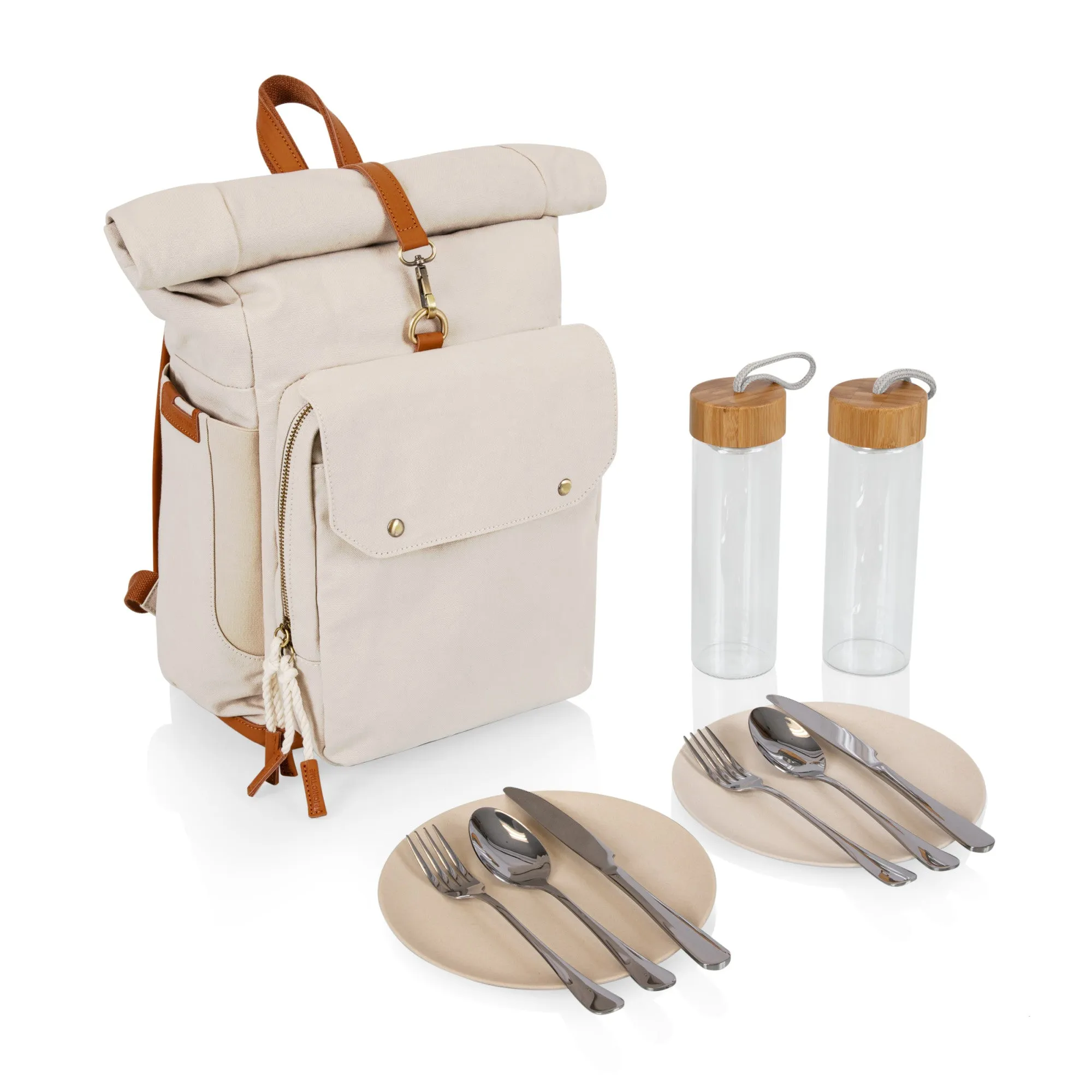 Carmel Roll Top Picnic Backpack Cooler with Utensil Set & Glass Water Bottles