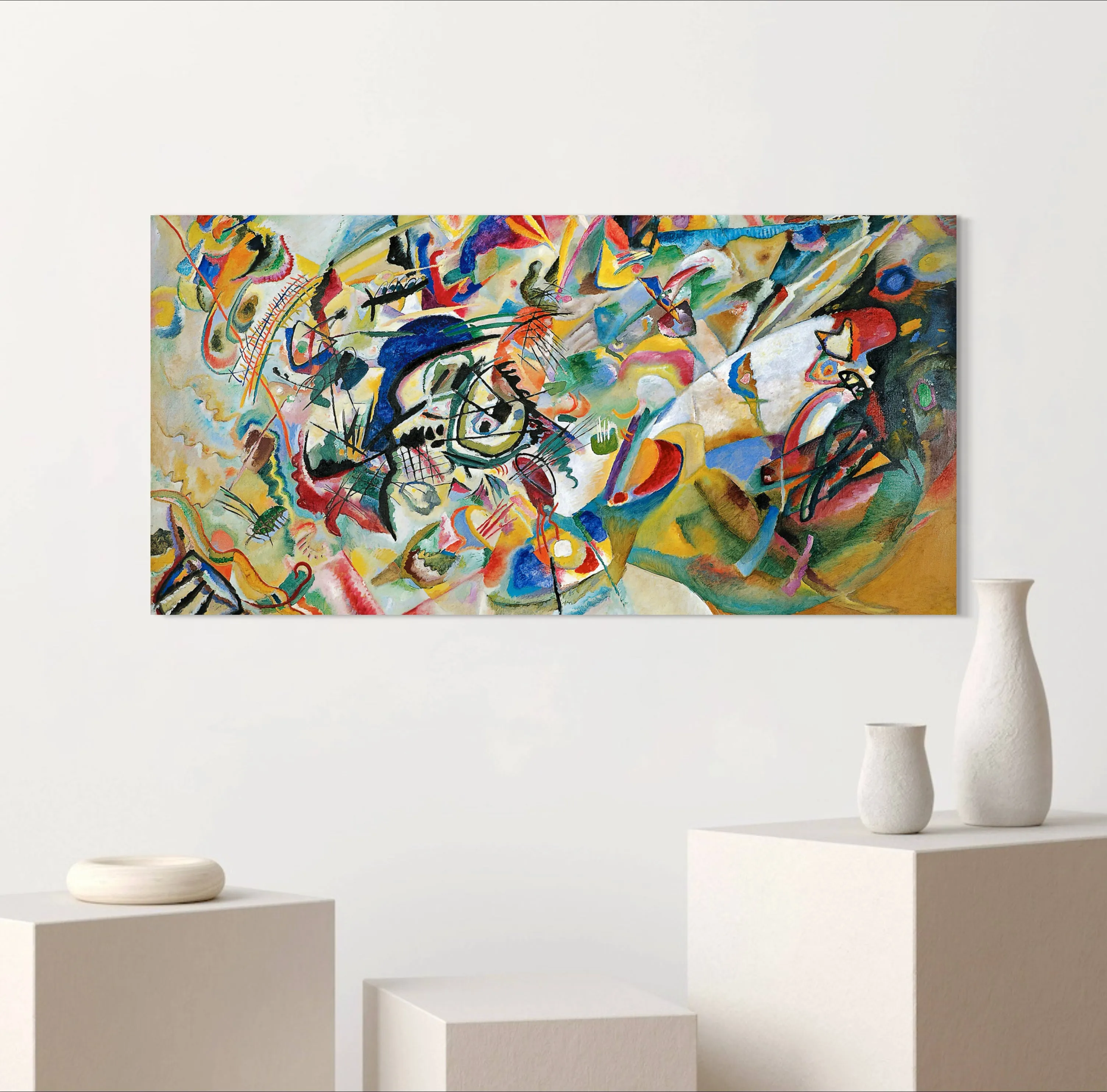 Composition VII - Painted by Wassily Kandinsky - Circa. 1913. High Quality 'Stretched' Polyester Cotton Canvas Print. Mounted on Wooden Inner Frame. Ready to Hang. Available in One (1) Large Size - 50cm x 100cm.