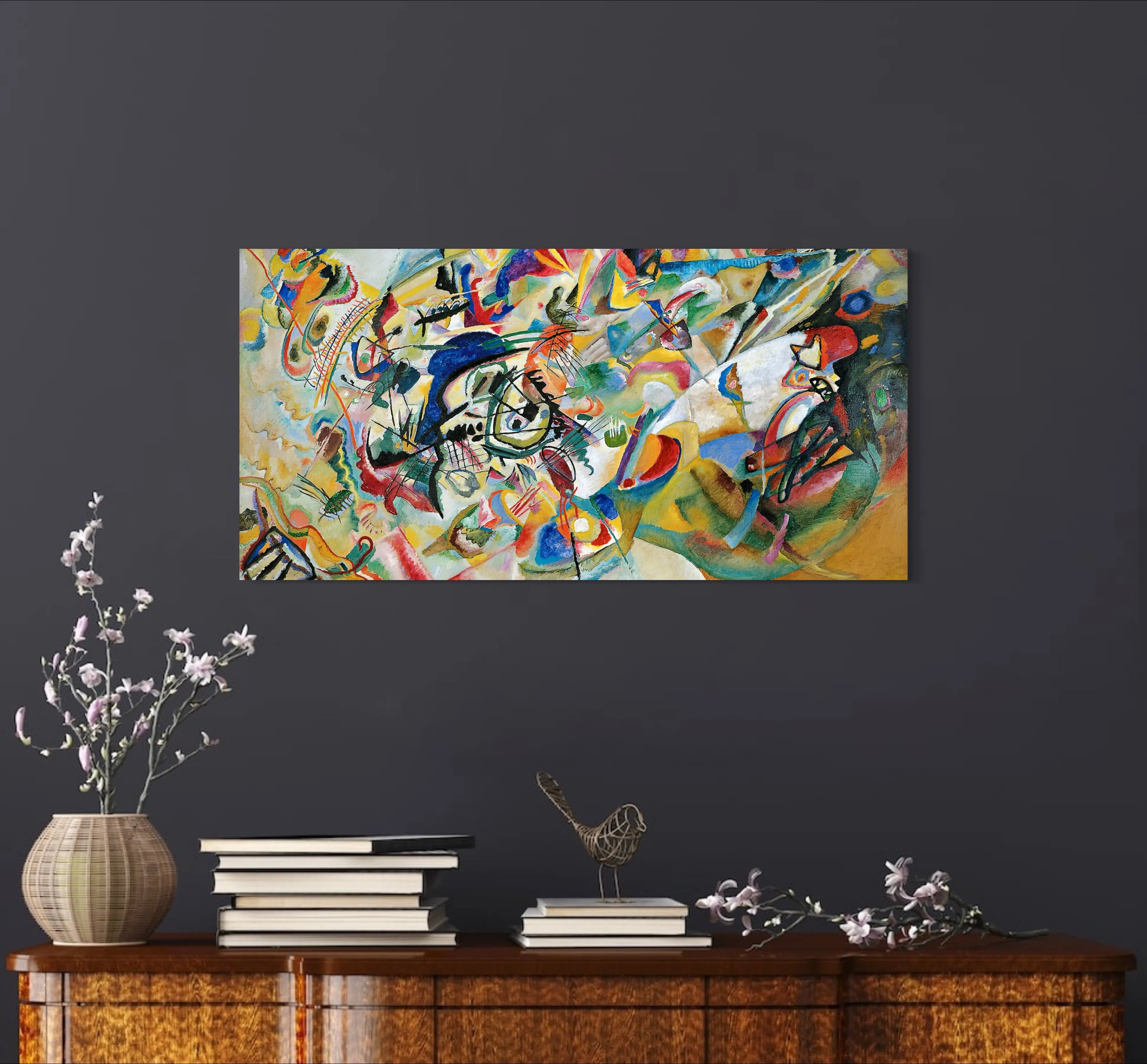 Composition VII - Painted by Wassily Kandinsky - Circa. 1913. High Quality 'Stretched' Polyester Cotton Canvas Print. Mounted on Wooden Inner Frame. Ready to Hang. Available in One (1) Large Size - 50cm x 100cm.