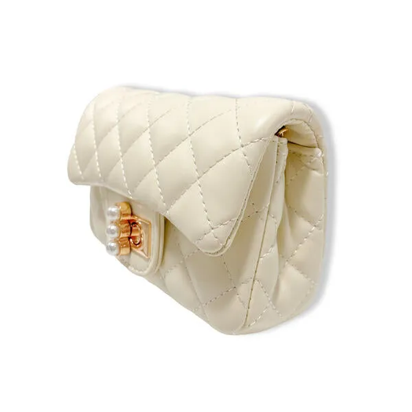 Cream Pearl Closure Quilted Purse