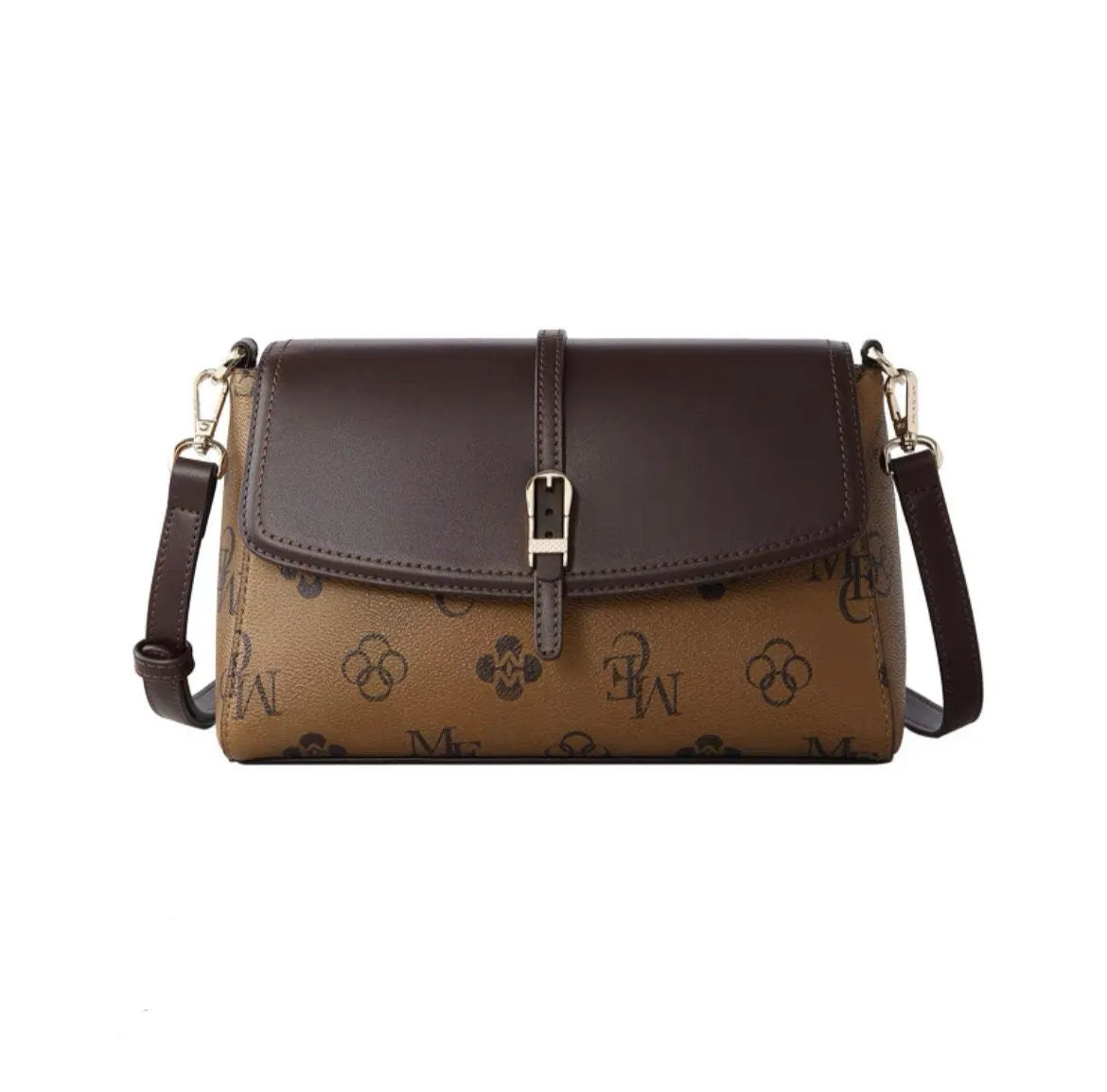 Cute Brown Minimalist Contrast Color Monogram Magnetic Buckle Closure Luxury Faux Leather PVC Messenger Bag for Women, Crossbody Bag