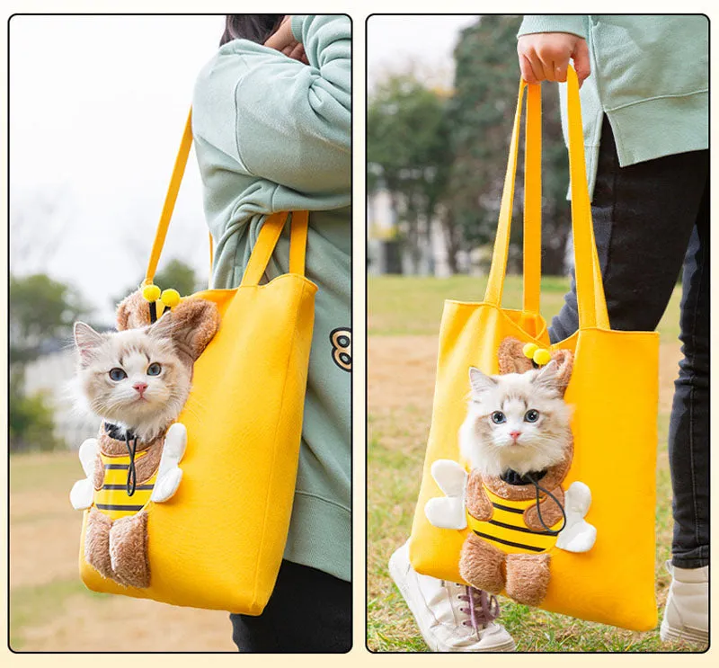 Cute canvas cat bag crossbody portable cat bag small dog can reveal shoulder bag