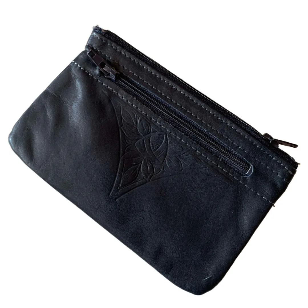 Deep Grey Blue Embossed Leather Coin Purse circa 1980s