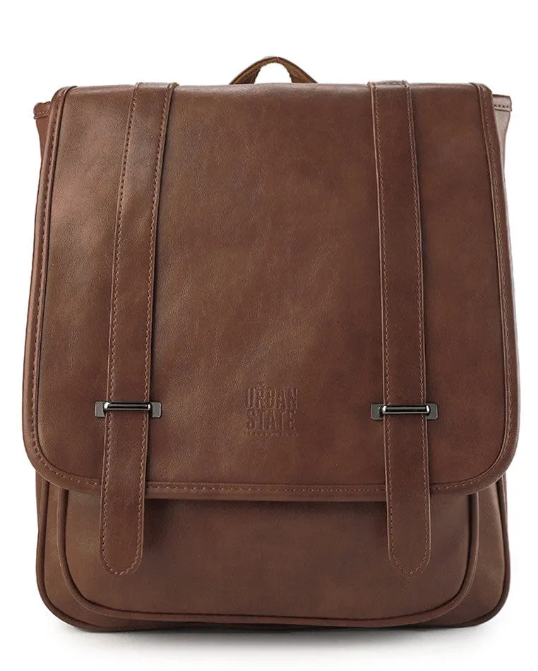 Distressed Leather Commuter Messenger Backpack - Camel